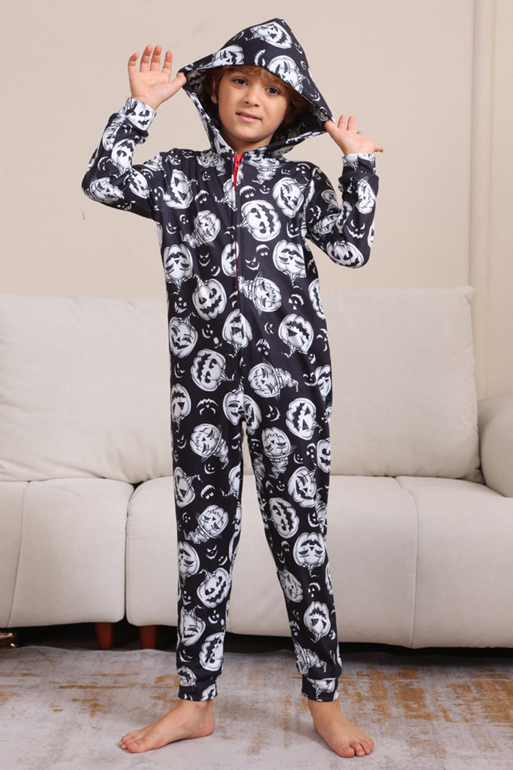 Pijama de una pieza de Halloween a juego con estampado de calabaza