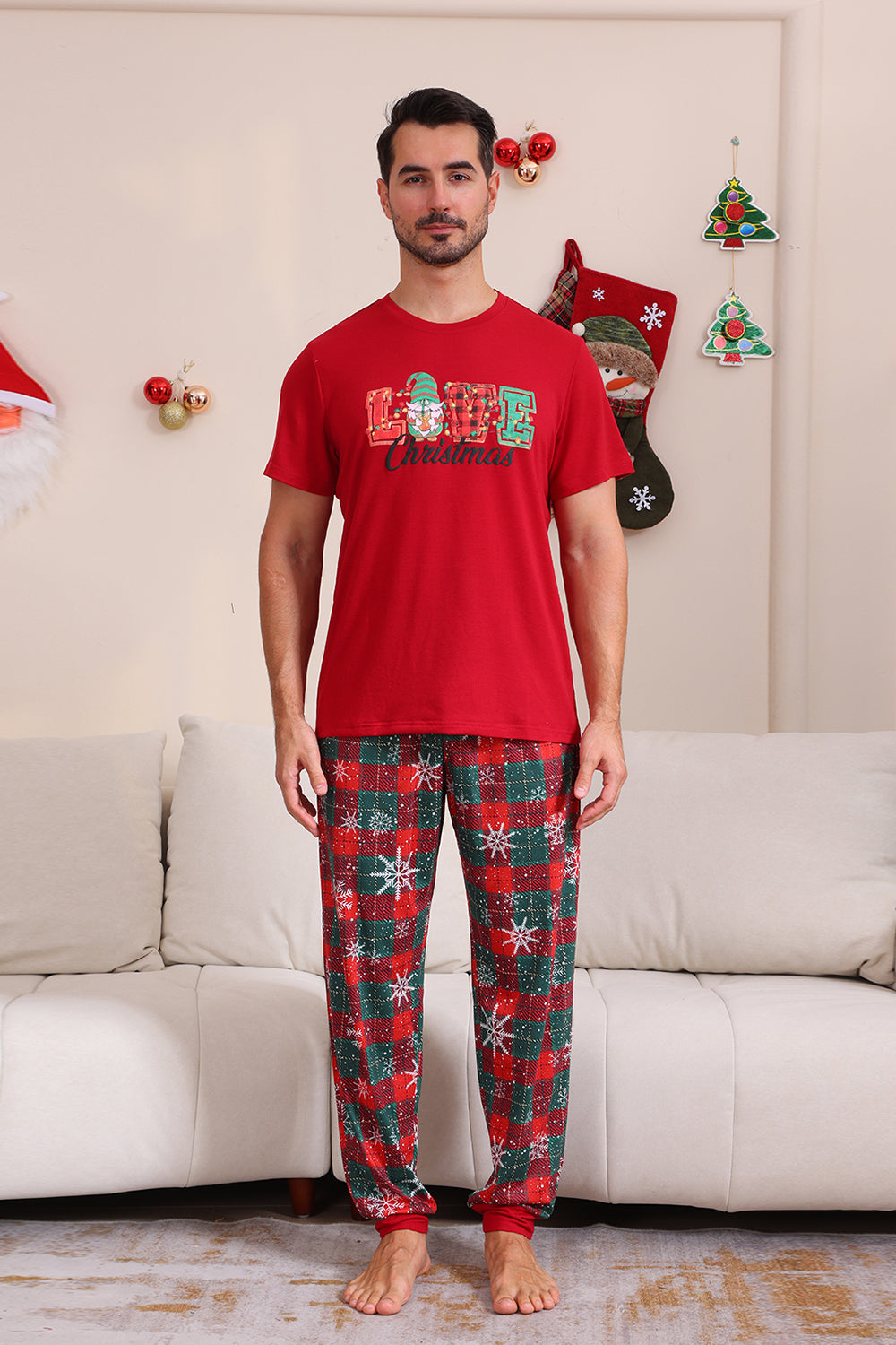 Conjuntos de pijamas familiares rojos Feliz Navidad
