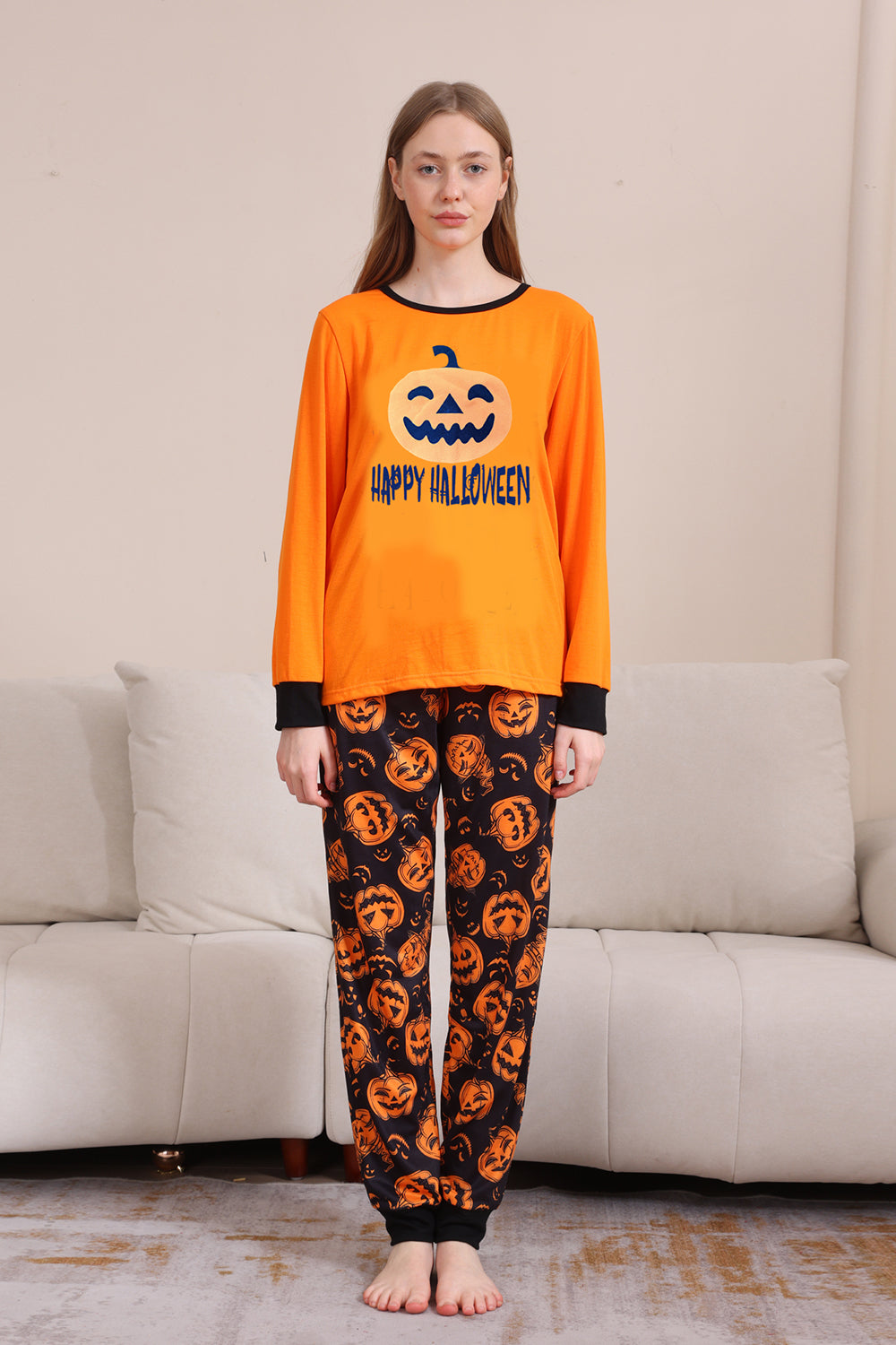 Conjunto de pijama familiar de manga larga de Halloween naranja a juego