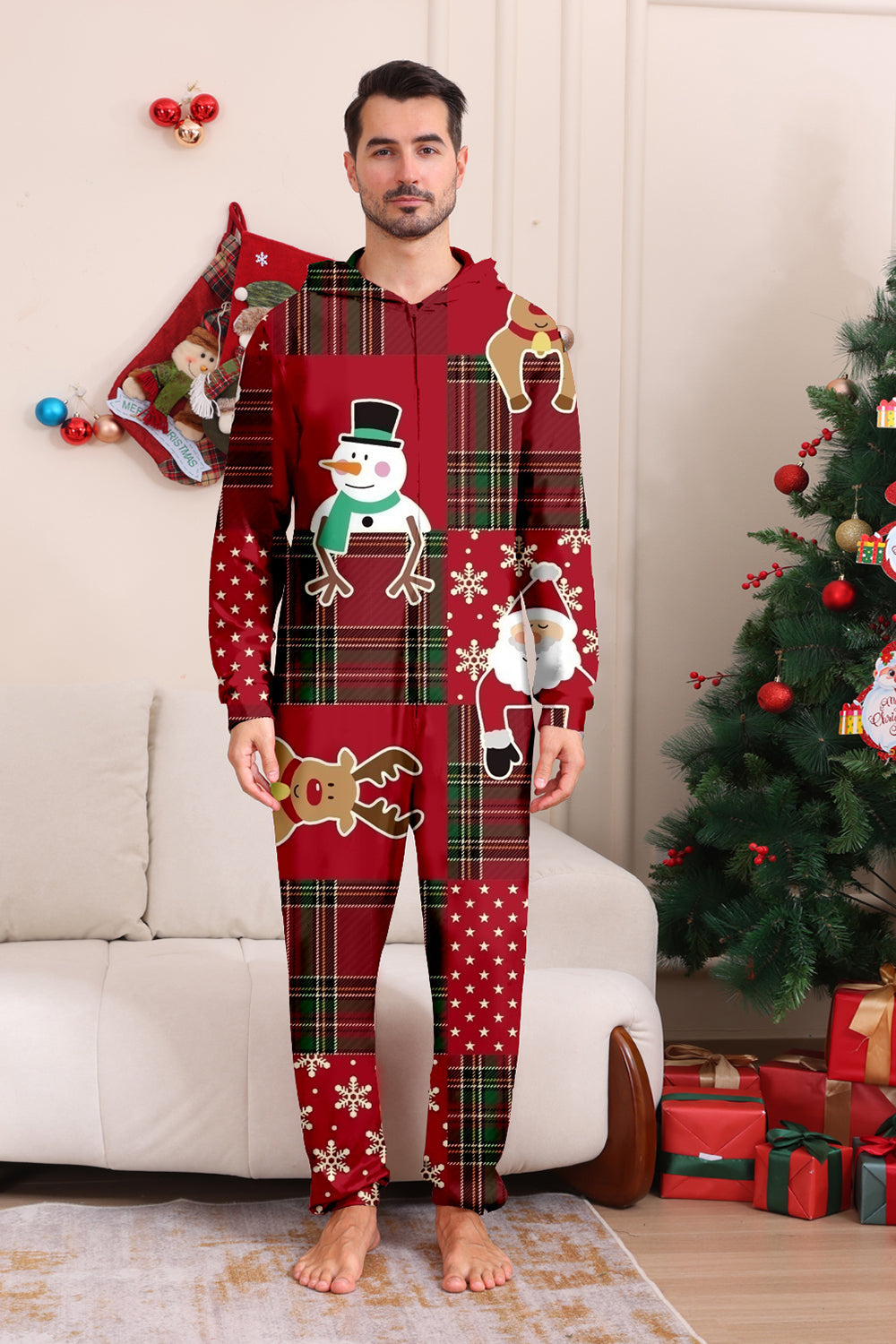 Pijama familiar navideño de muñeco de nieve con capucha a cuadros burdeos