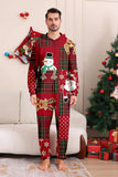 Pijama familiar navideño de muñeco de nieve con capucha a cuadros burdeos
