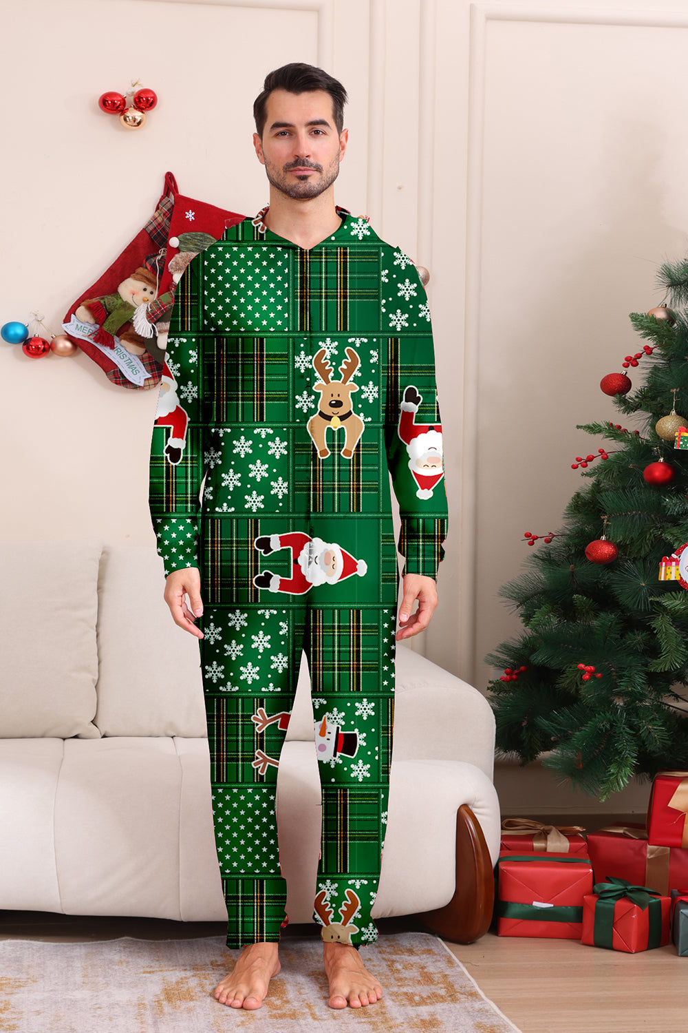 Pijama familiar a cuadros copo de nieve verde con capucha de reno