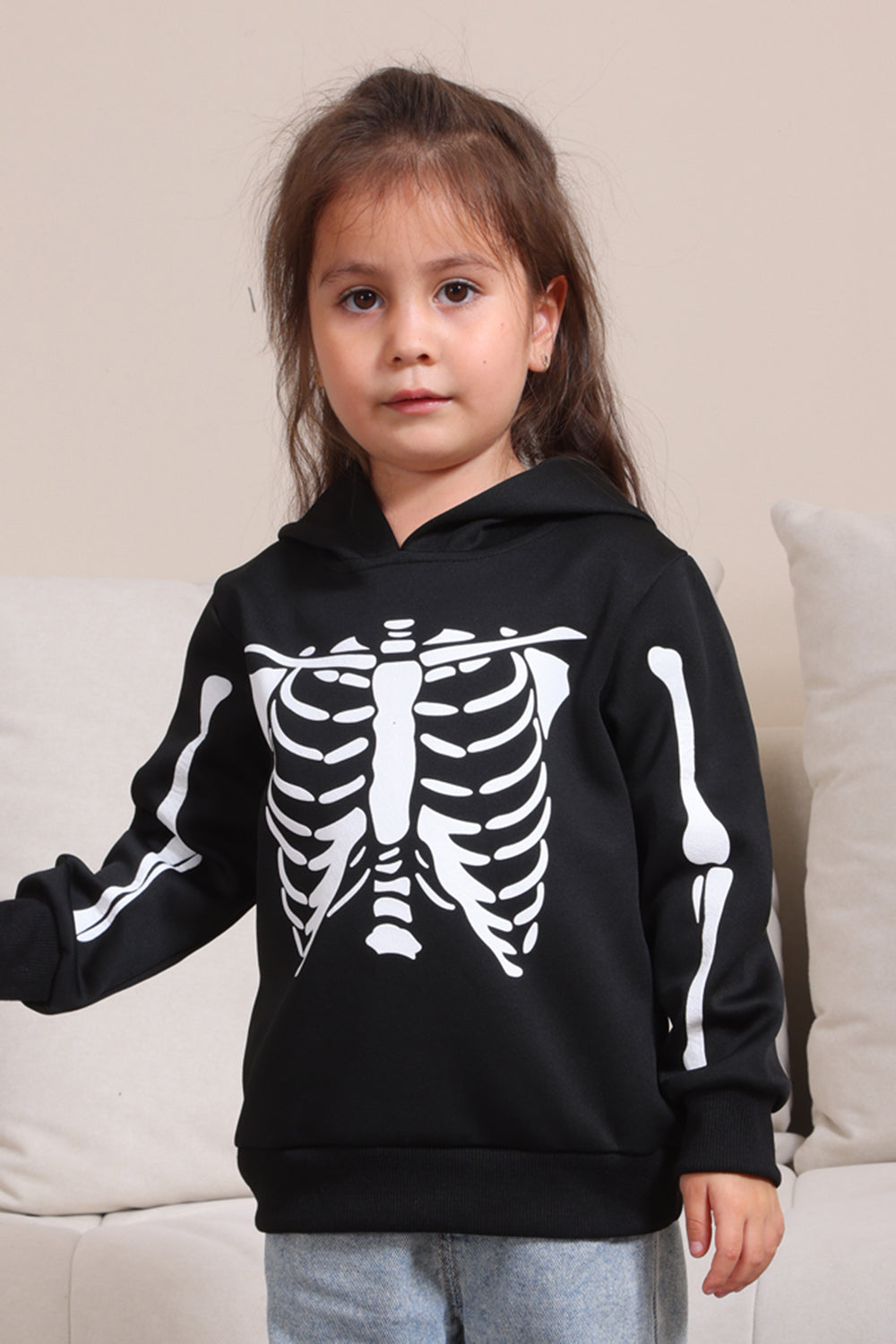 Sudaderas familiares de Halloween con capucha Black Skeleton