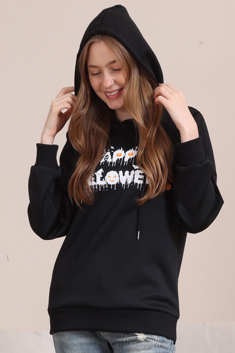 Sudaderas familiares con capucha con estampado de texto de Halloween negro