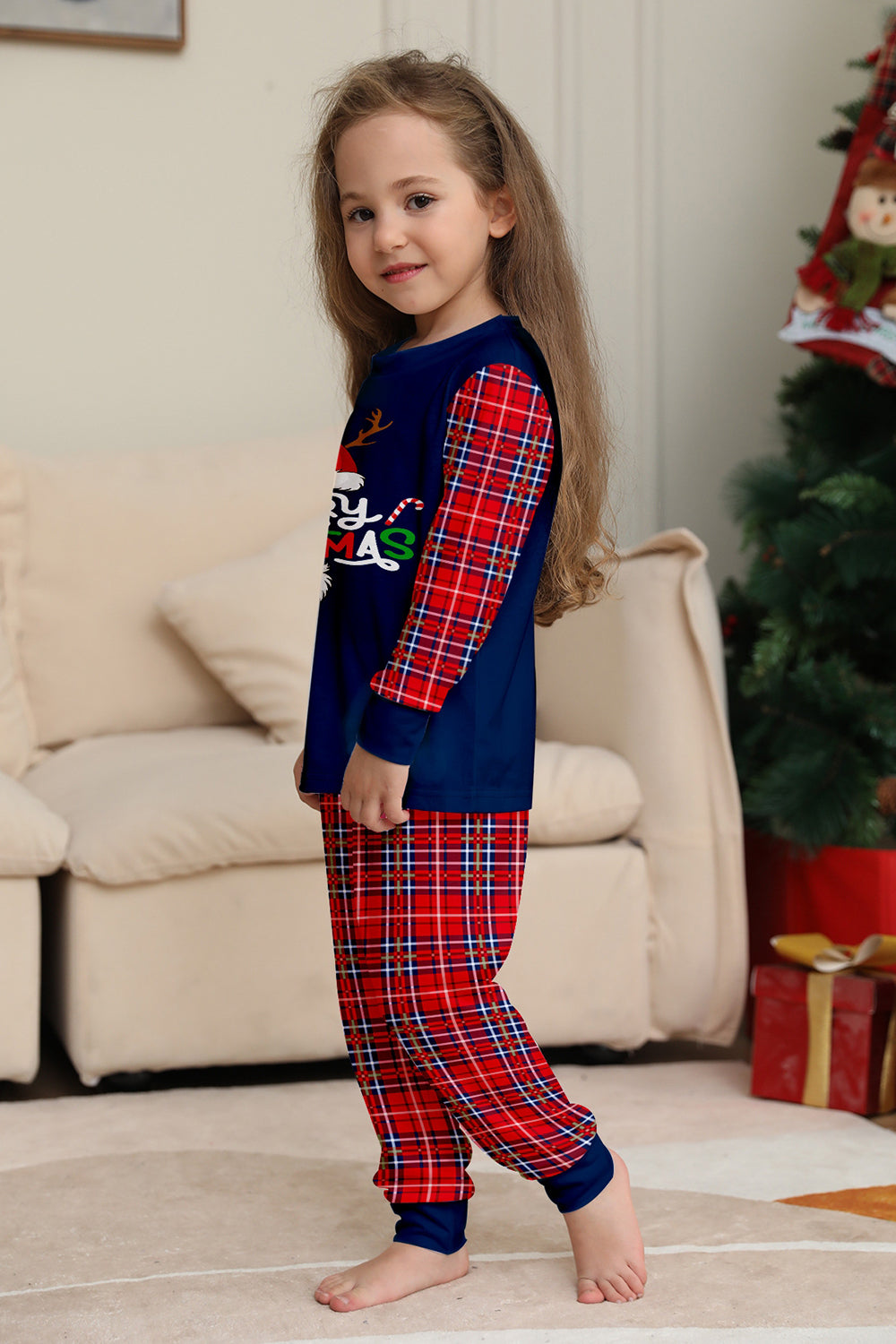 Conjunto de pijamas de Navidad de pantalones a cuadros de manga larga en azul marino rojo