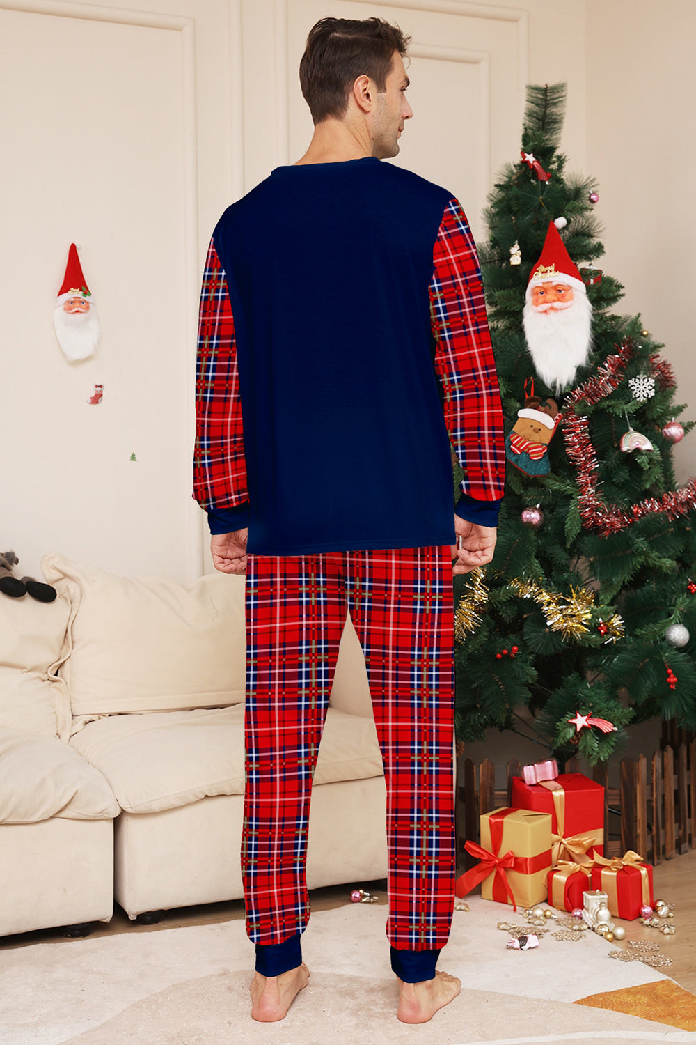 Conjunto de pijamas de Navidad de pantalones a cuadros de manga larga en azul marino rojo