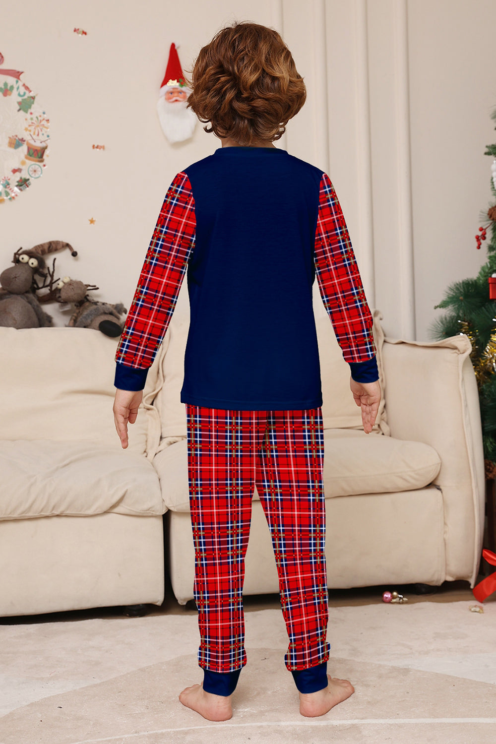 Conjunto de pijamas de Navidad de pantalones a cuadros de manga larga en azul marino rojo