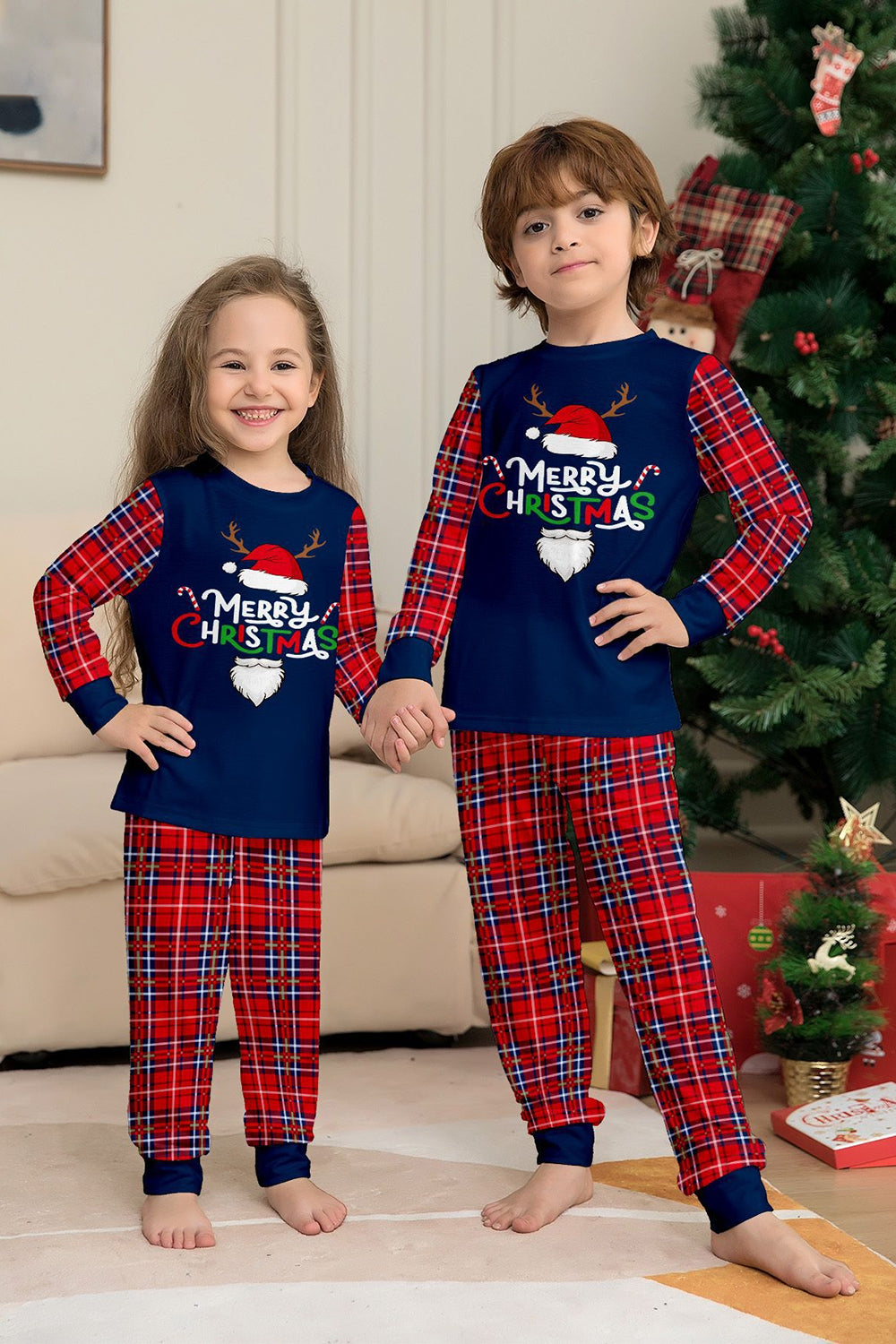 Conjunto de pijamas de Navidad de pantalones a cuadros de manga larga en azul marino rojo