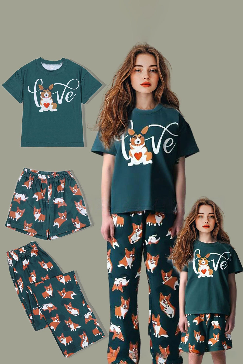 Pijamas familiares de manga corta estampados de perro verde oscuro a juego