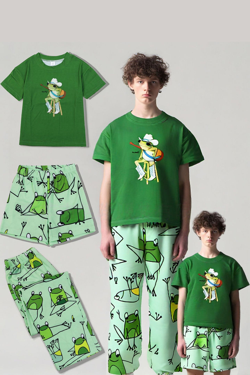 Pijamas familiares de manga corta con estampado de rana verde a juego