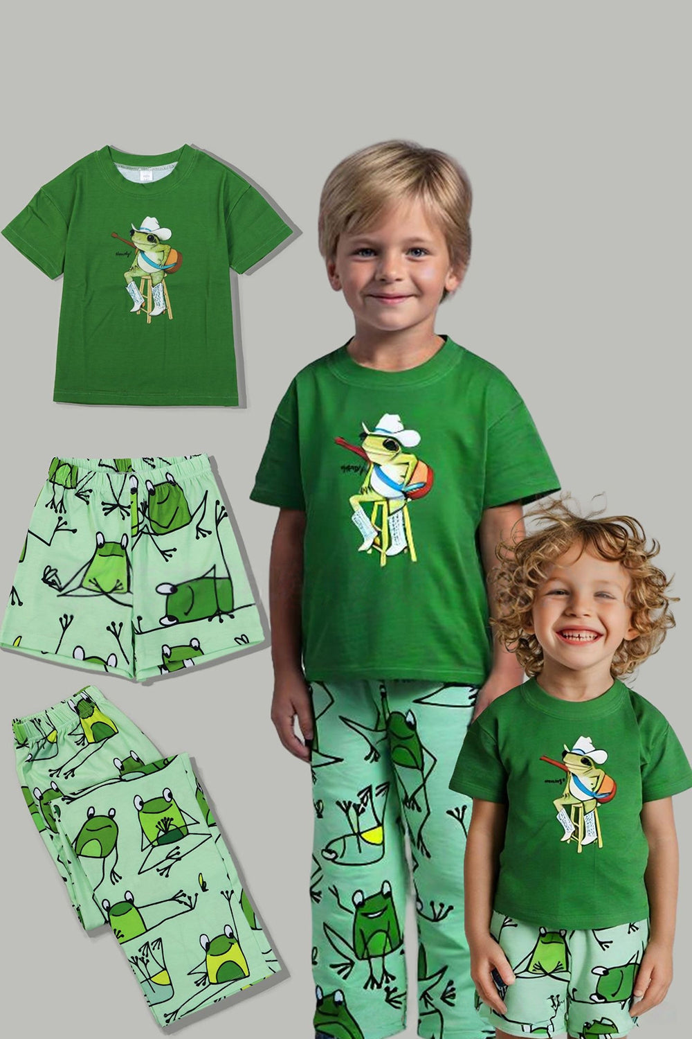Pijamas familiares de manga corta con estampado de rana verde a juego