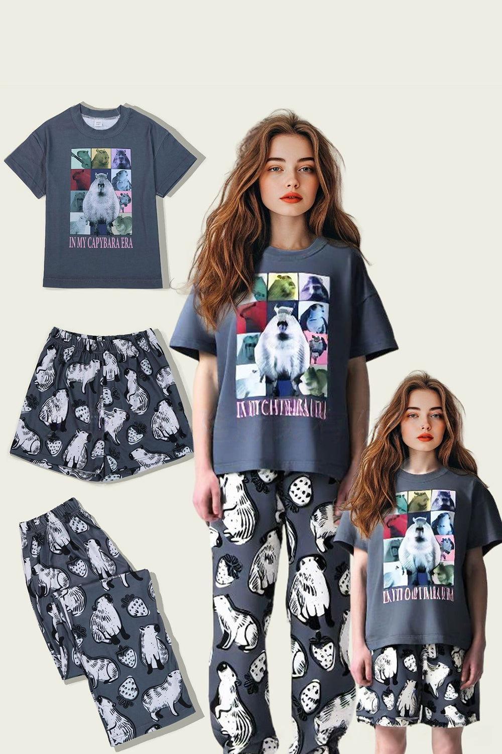 Pijamas familiares de manga corta con estampado animal gris oscuro