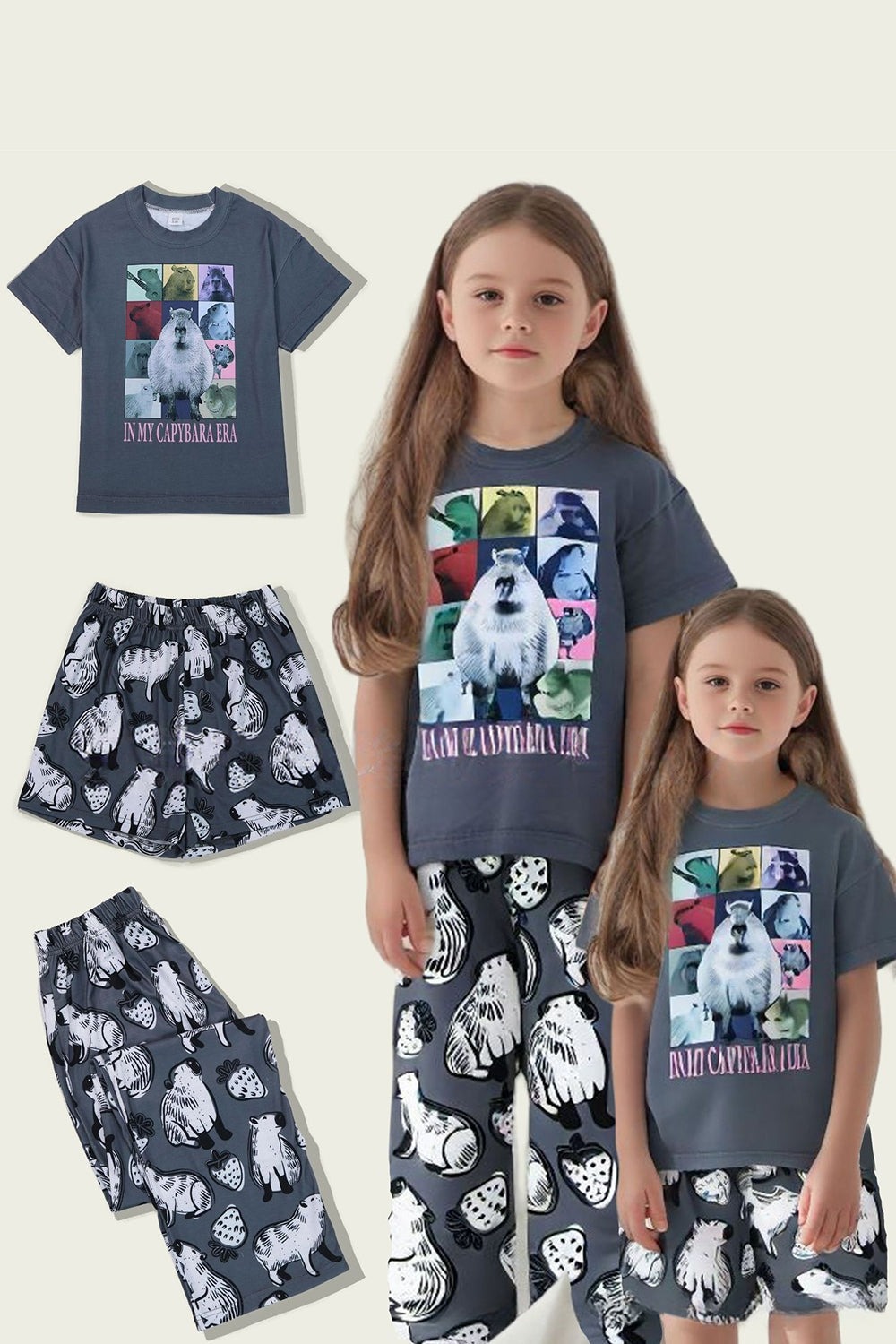 Pijamas familiares de manga corta con estampado animal gris oscuro