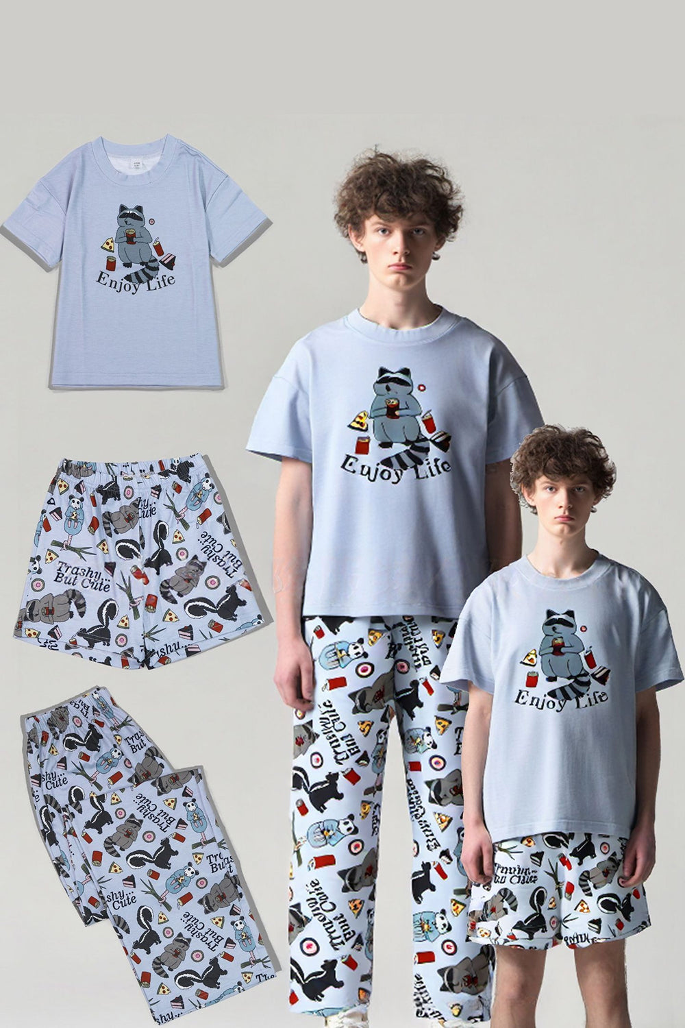 Pijama familiar de manga corta estampado gris a juego