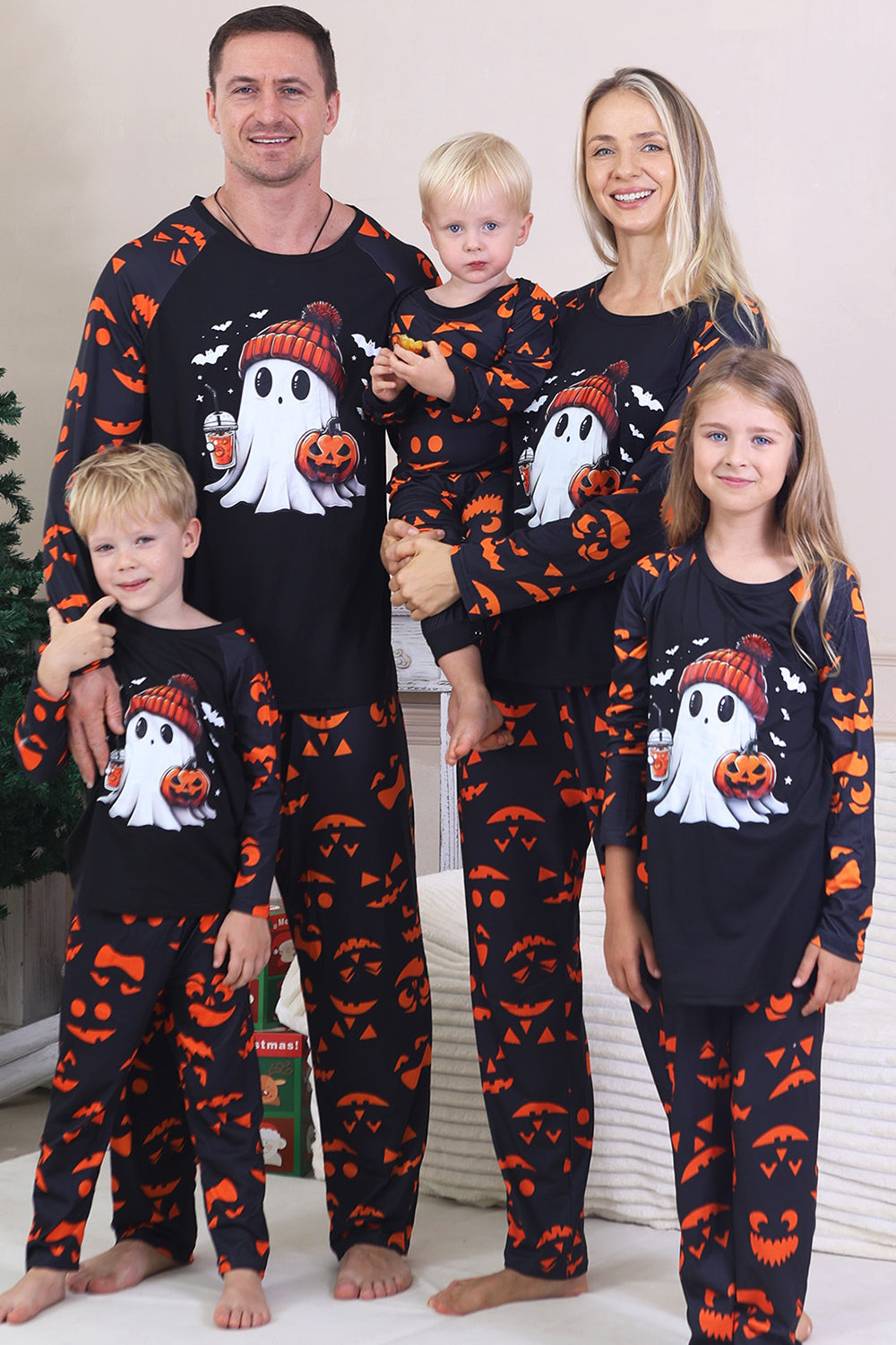 Pijamas de Halloween familiares de manga larga estampados en azul marino