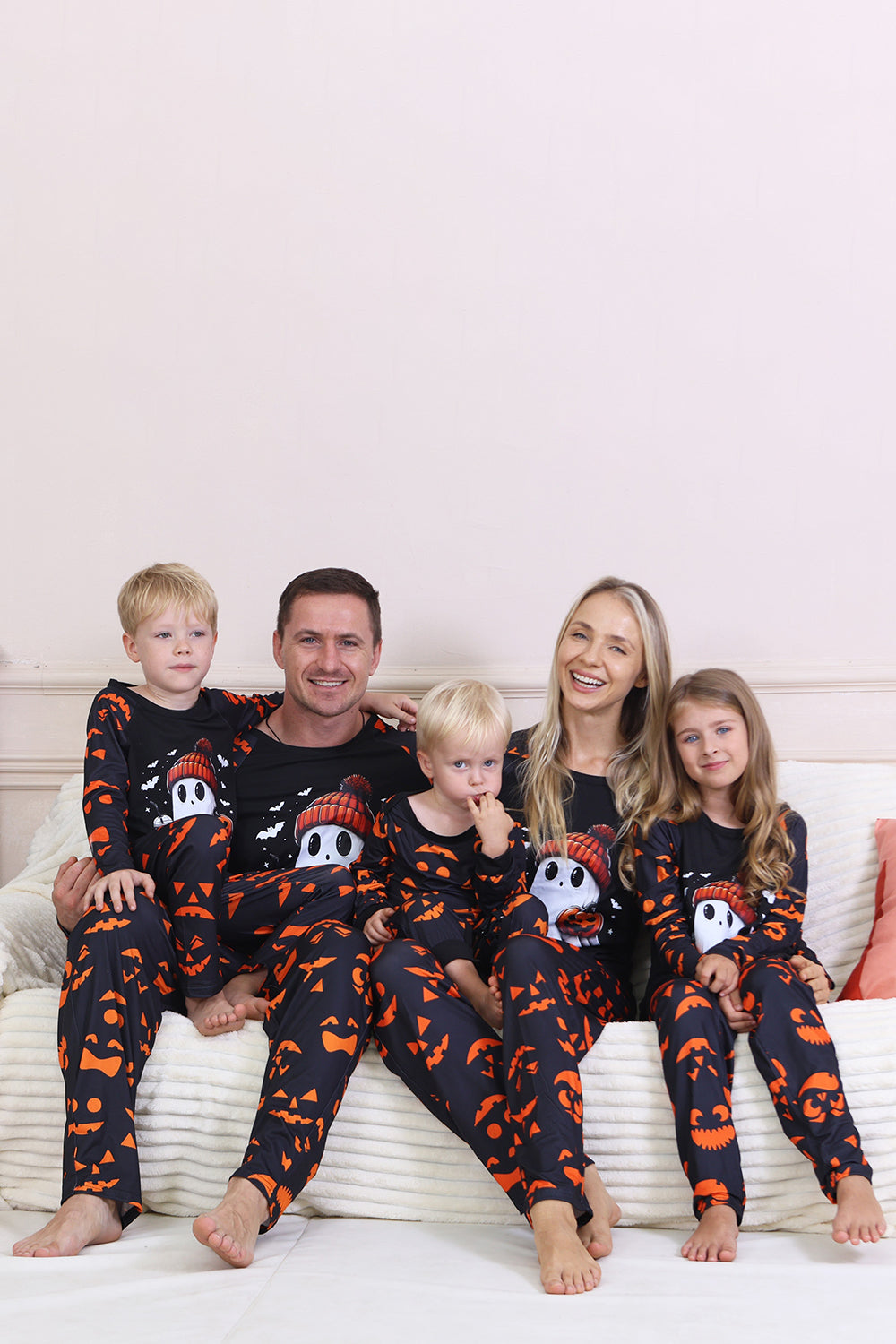 Pijamas de Halloween familiares de manga larga estampados en azul marino
