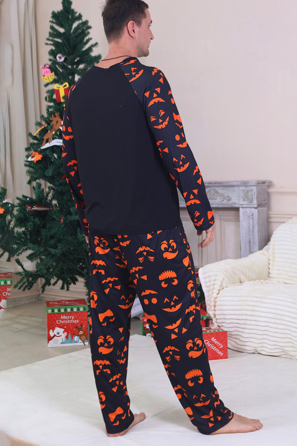 Pijamas de Halloween familiares de manga larga estampados en azul marino