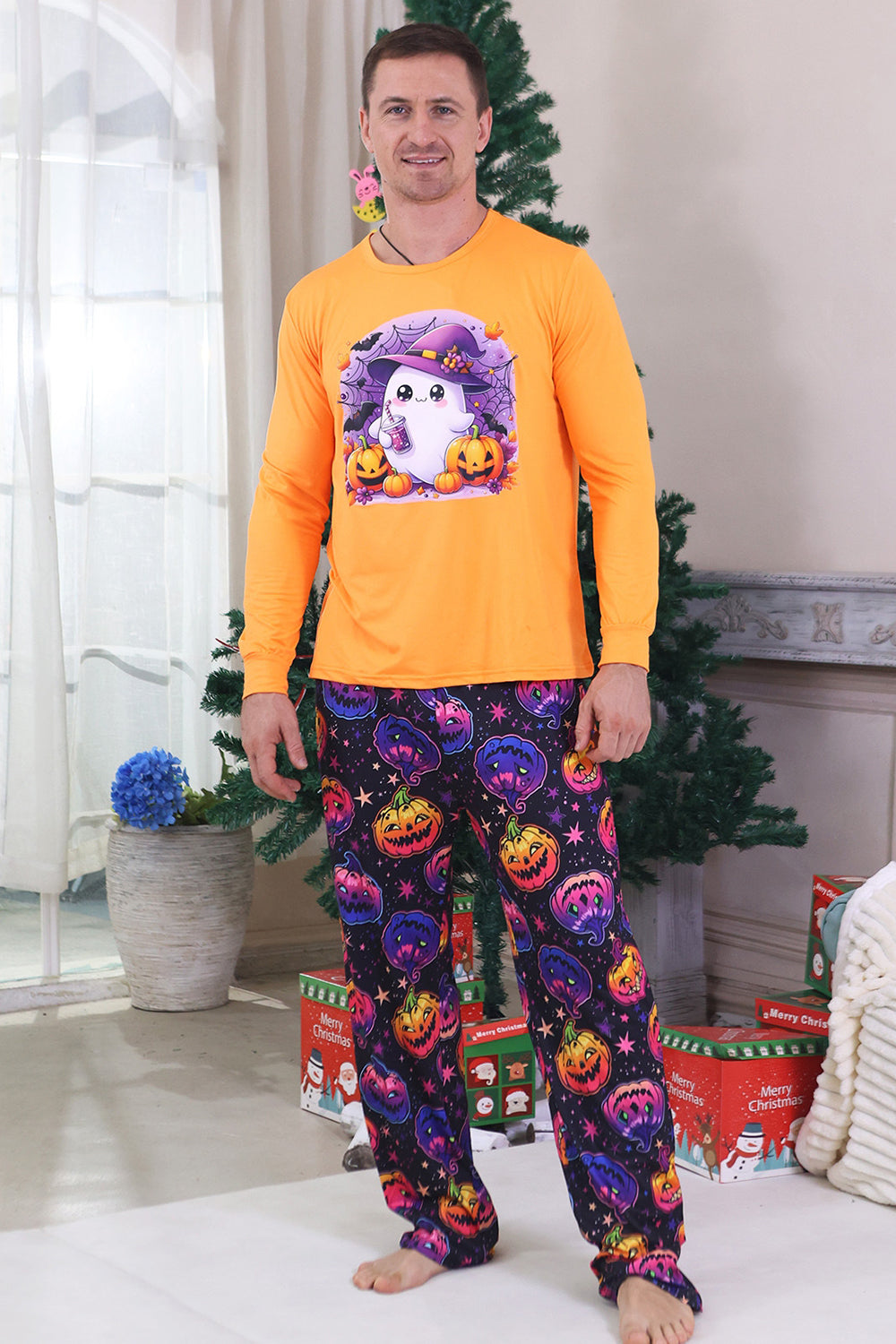 Pijamas de Halloween de manga larga de manga larga estampados en naranja