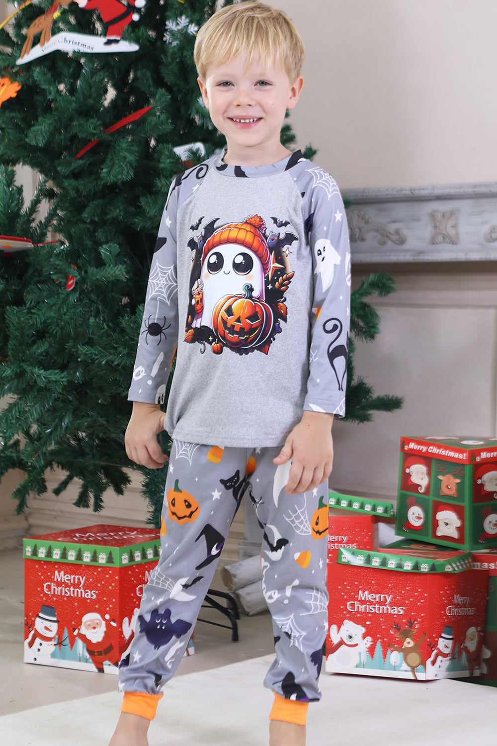 Pijamas de Halloween familiares de manga larga estampados grises