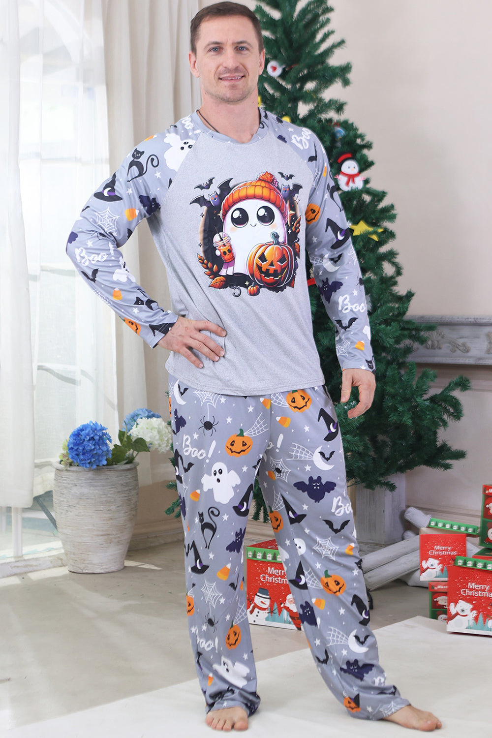 Pijamas de Halloween familiares de manga larga estampados grises