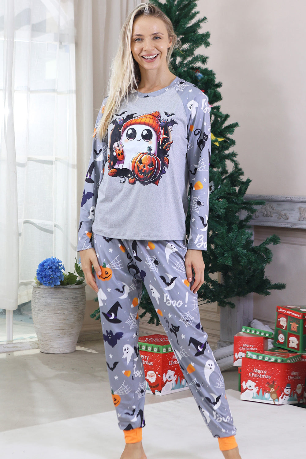 Pijamas de Halloween familiares de manga larga estampados grises