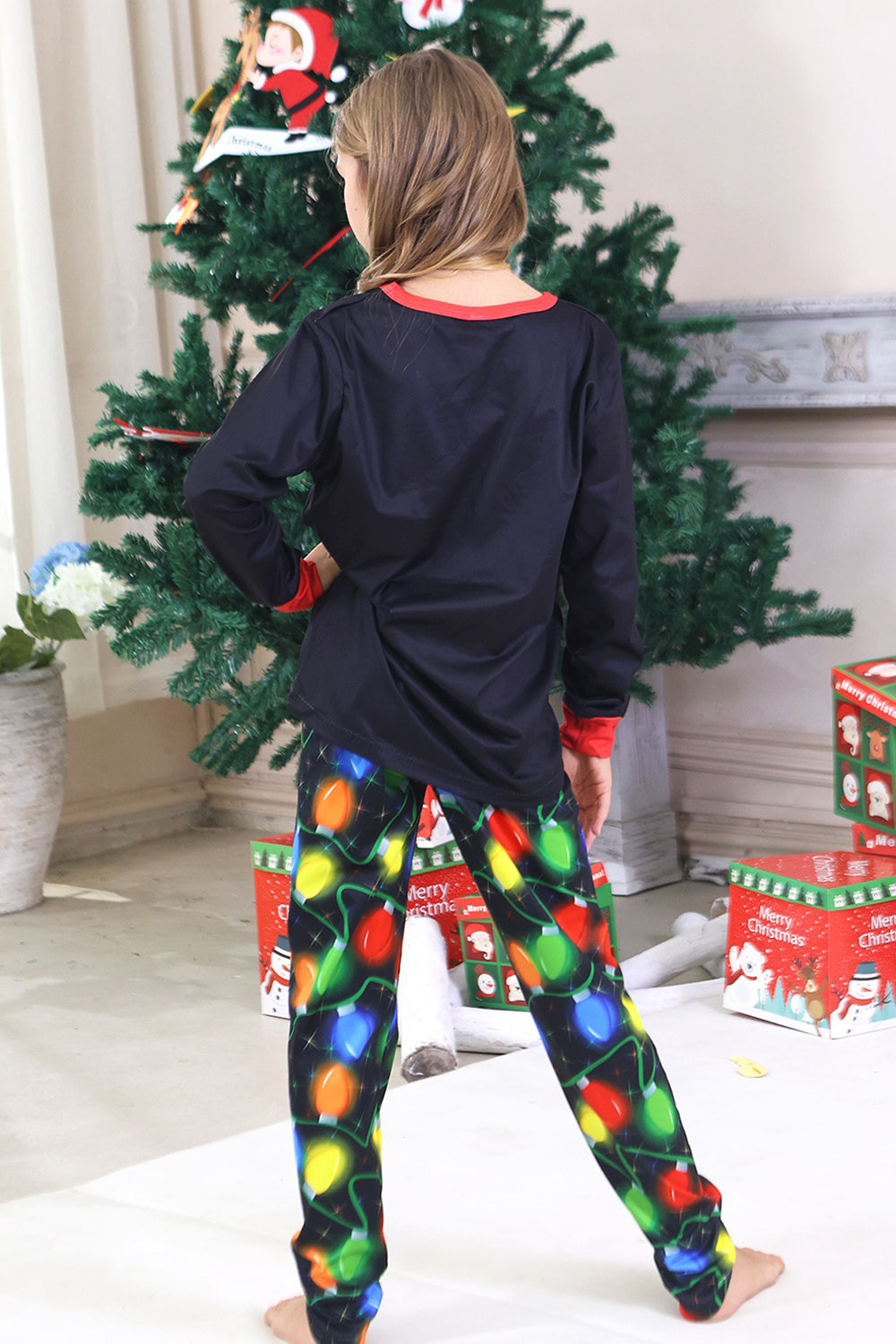 Pijamas familiares a juego con bombilla azul marino de manga larga impresa