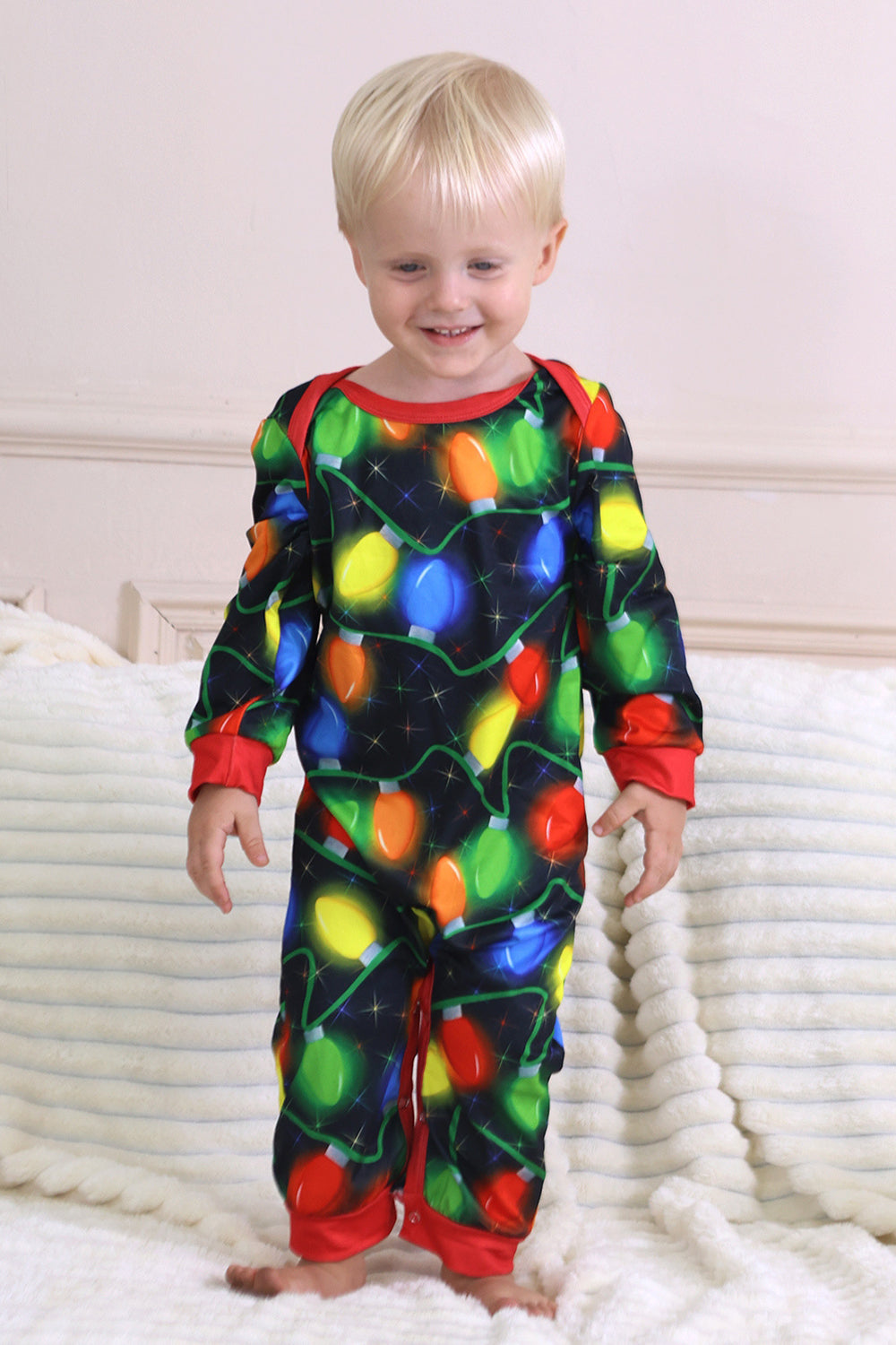 Pijamas familiares a juego con bombilla azul marino de manga larga impresa