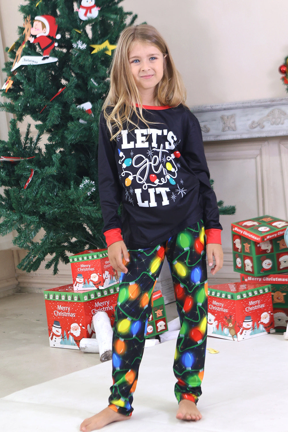 Pijamas familiares a juego con bombilla azul marino de manga larga impresa