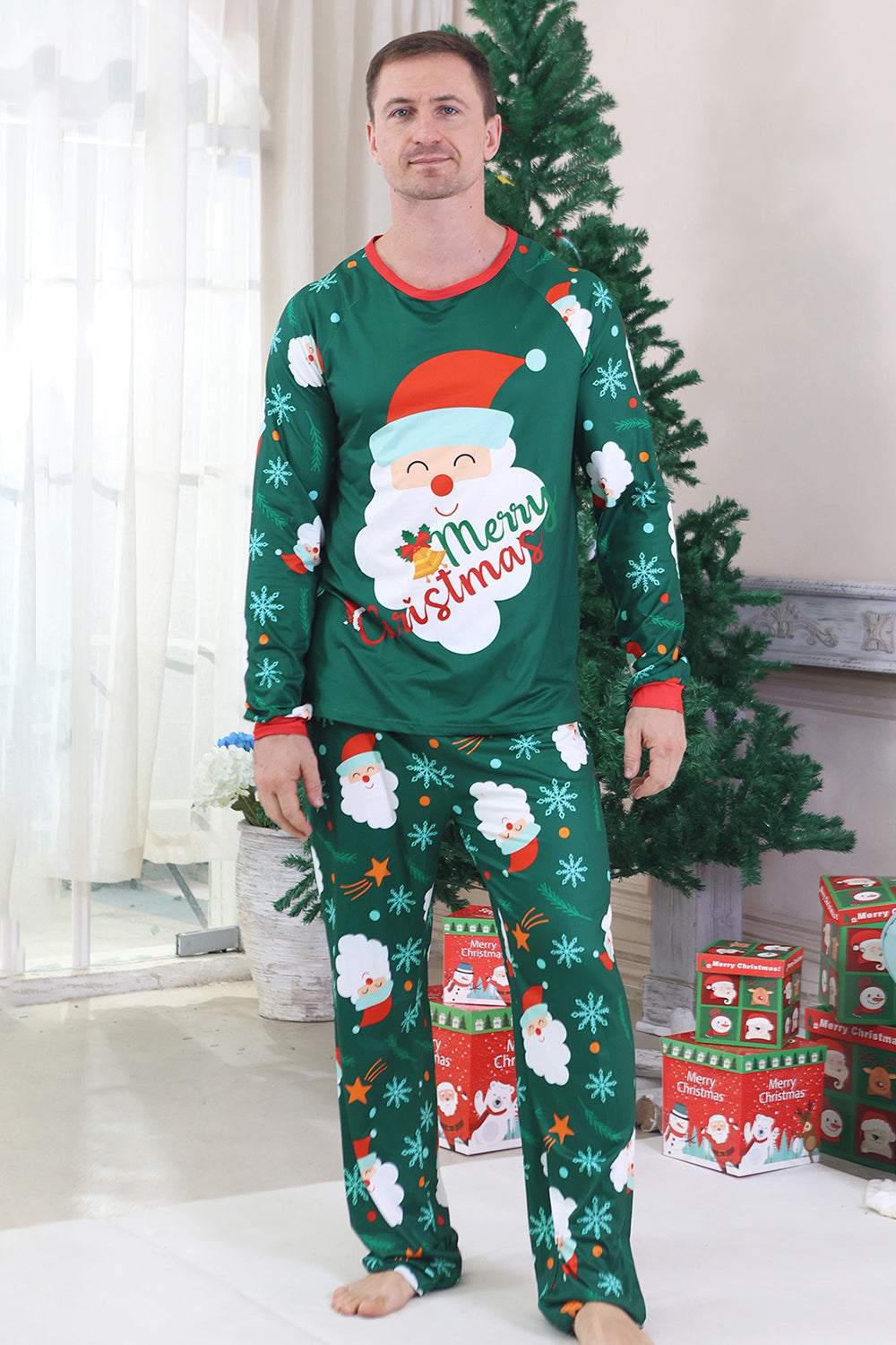 Pijamas de Navidad Familiares de Manga Larga con Estampado de Santa Verde Oscuro