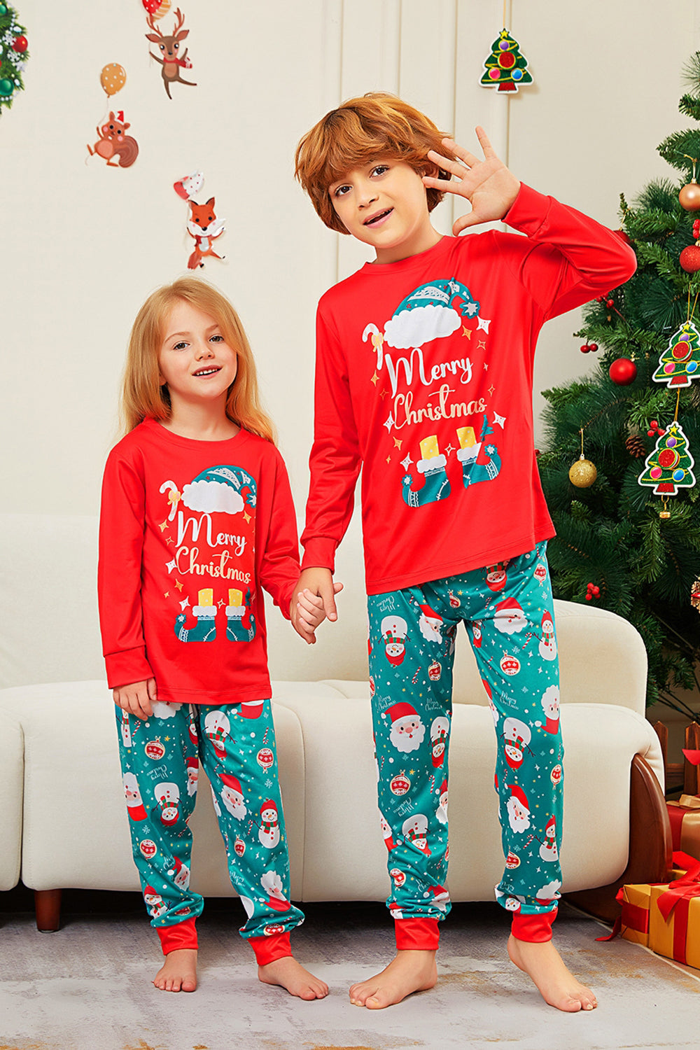Pijamas a juego para la familia con estampado de Santa Claus de Merry Christmas rojo