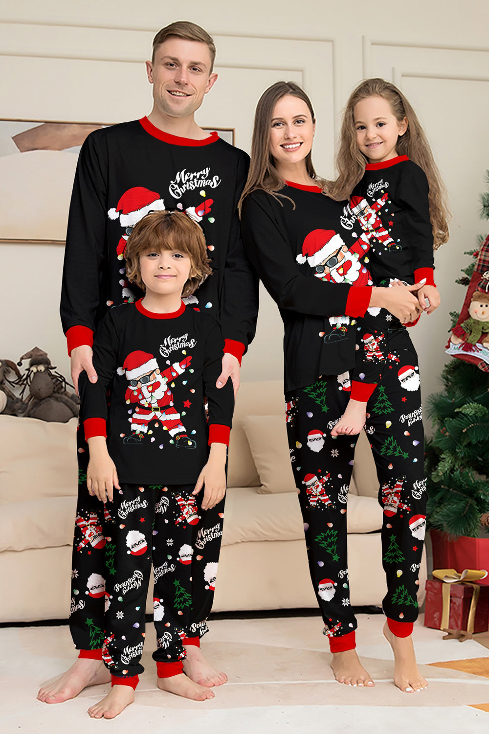 Conjuntos de pijamas a juego con estampado de Santa Claus en negro