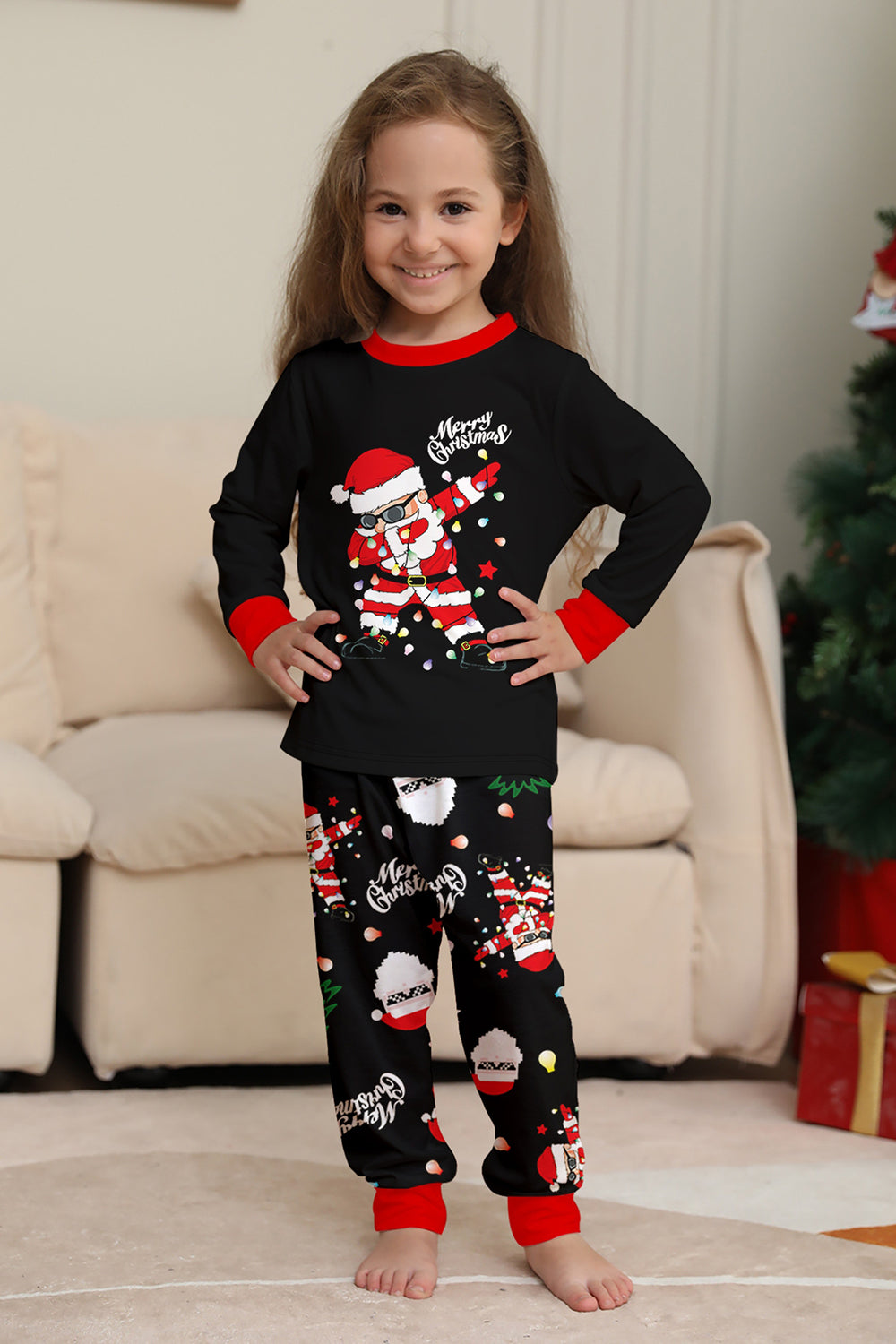 Conjuntos de pijamas a juego con estampado de Santa Claus en negro