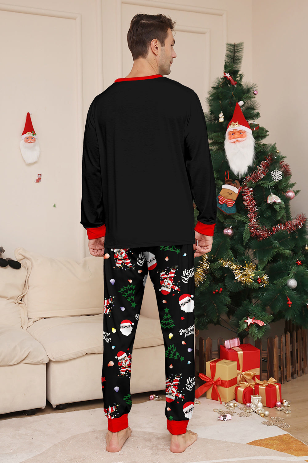 Conjuntos de pijamas a juego con estampado de Santa Claus en negro