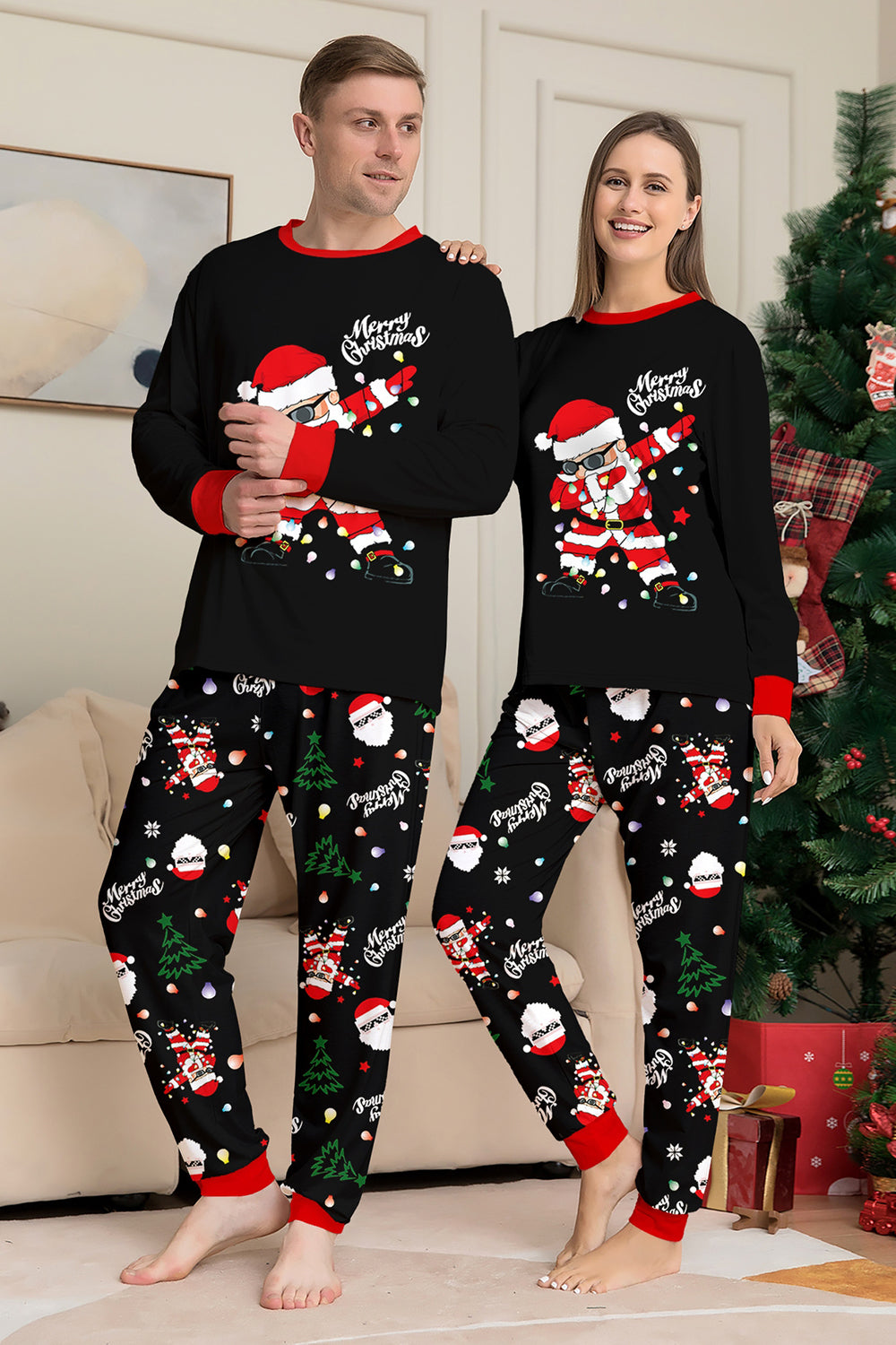 Conjuntos de pijamas a juego con estampado de Santa Claus en negro