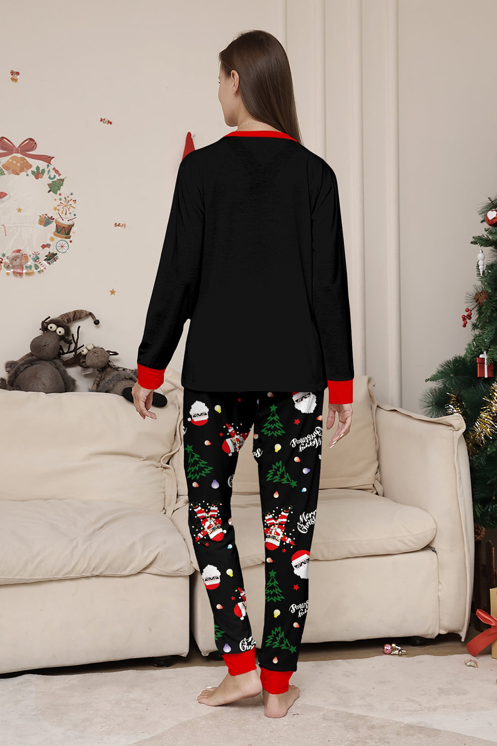 Conjuntos de pijamas a juego con estampado de Santa Claus en negro