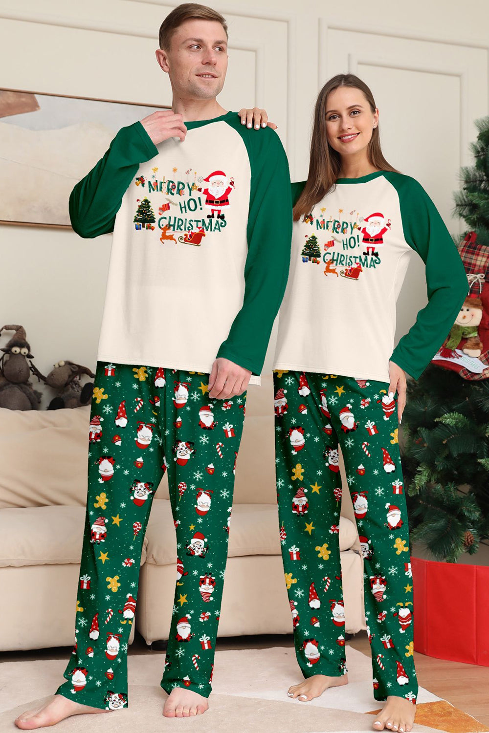 Conjuntos de pijamas a juego con estampado navideño verde oscuro para la familia de Santa