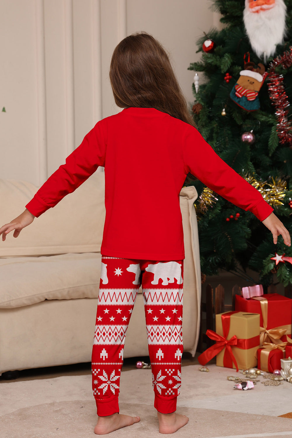 Pijamas de Navidad a juego de manga larga con árbol estampado rojo