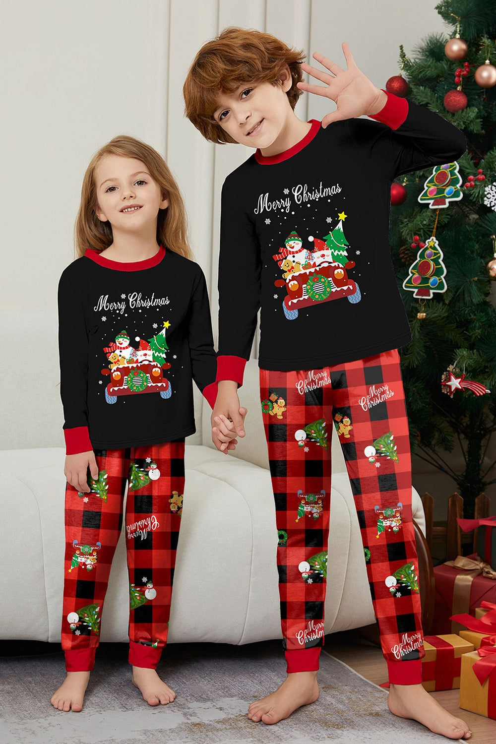 Conjunto de pijamas a juego para la familia a cuadros Merry Christmas con estampado rojo negro