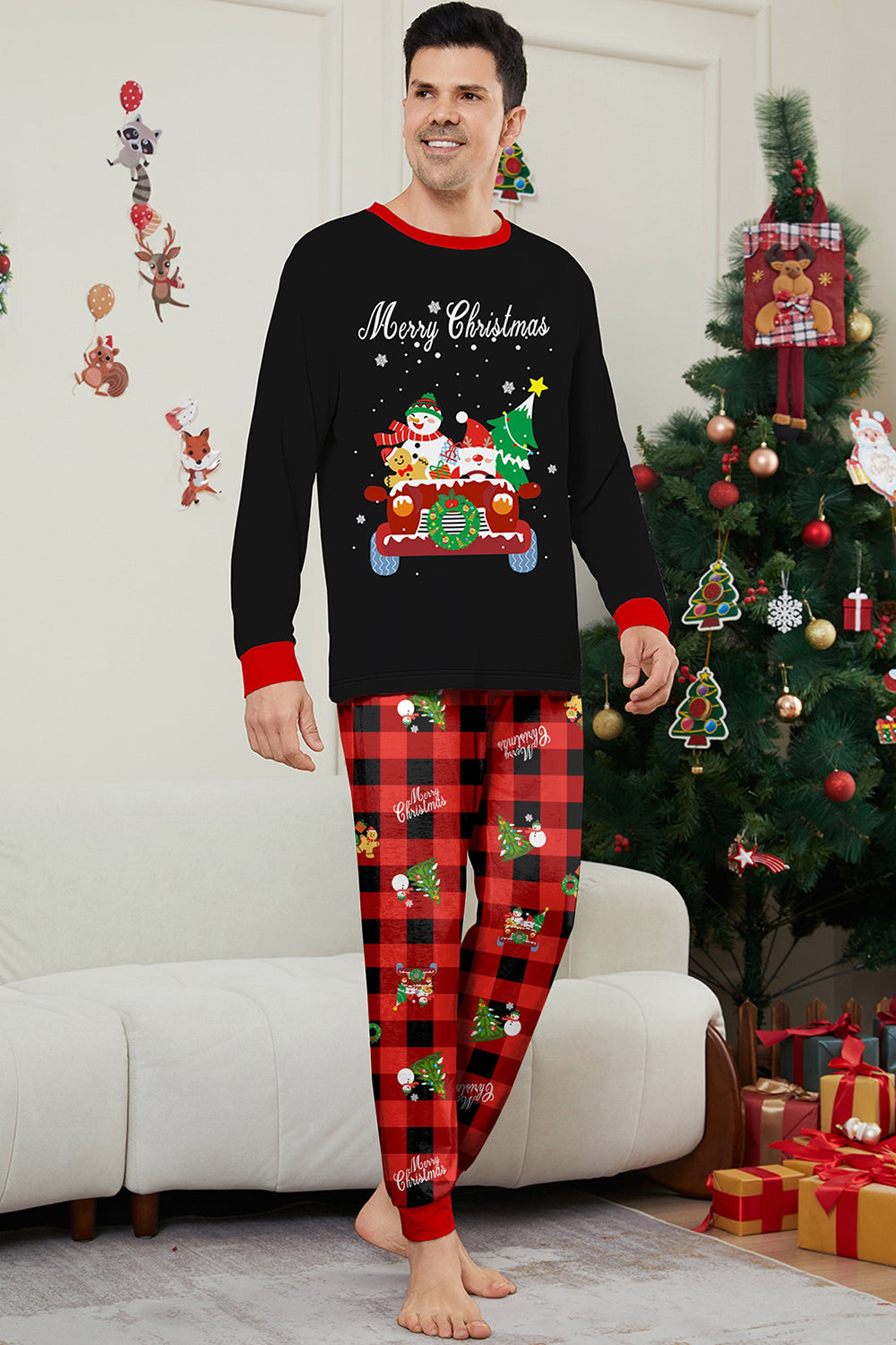 Conjunto de pijamas a juego para la familia a cuadros Merry Christmas con estampado rojo negro