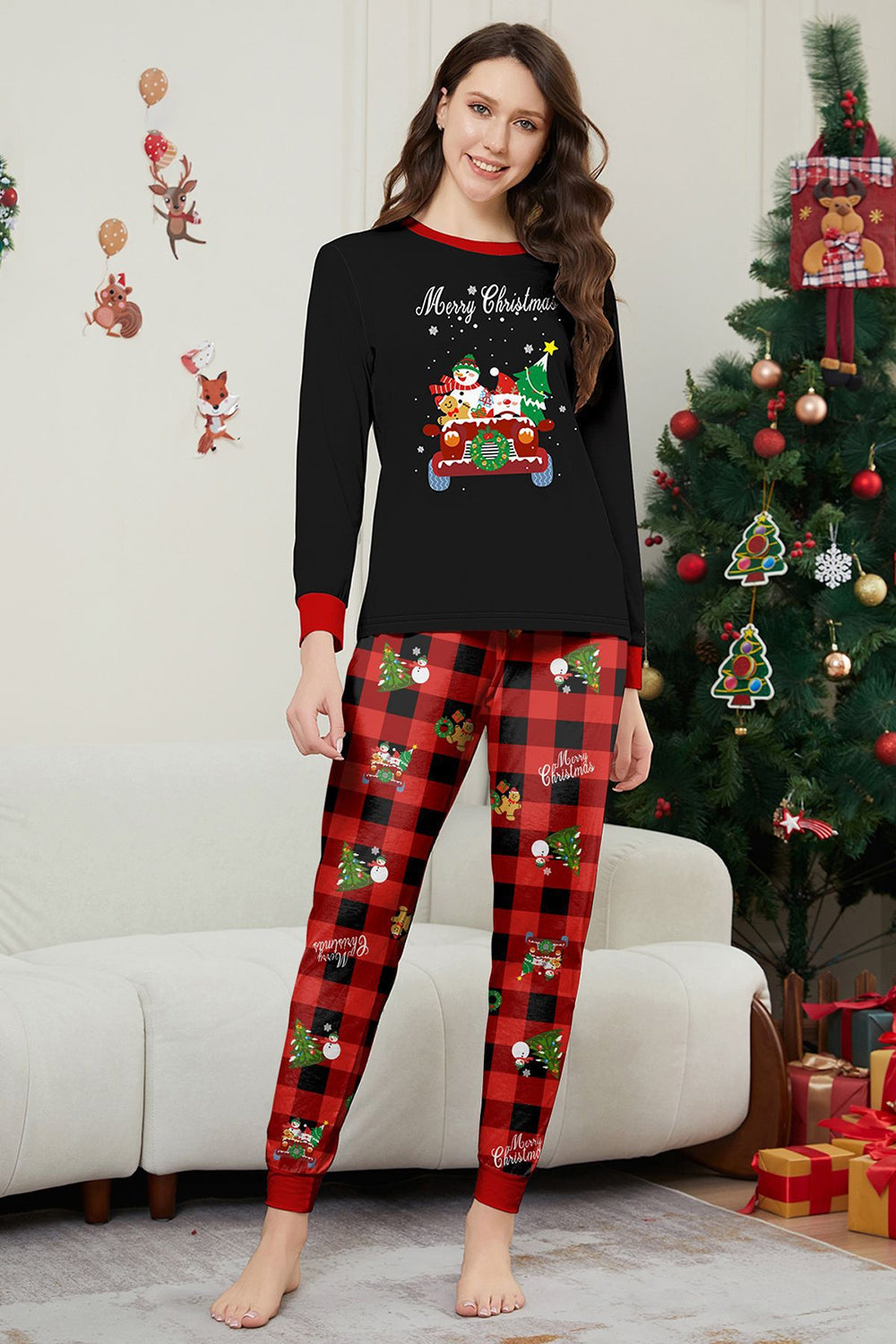Conjunto de pijamas a juego para la familia a cuadros Merry Christmas con estampado rojo negro