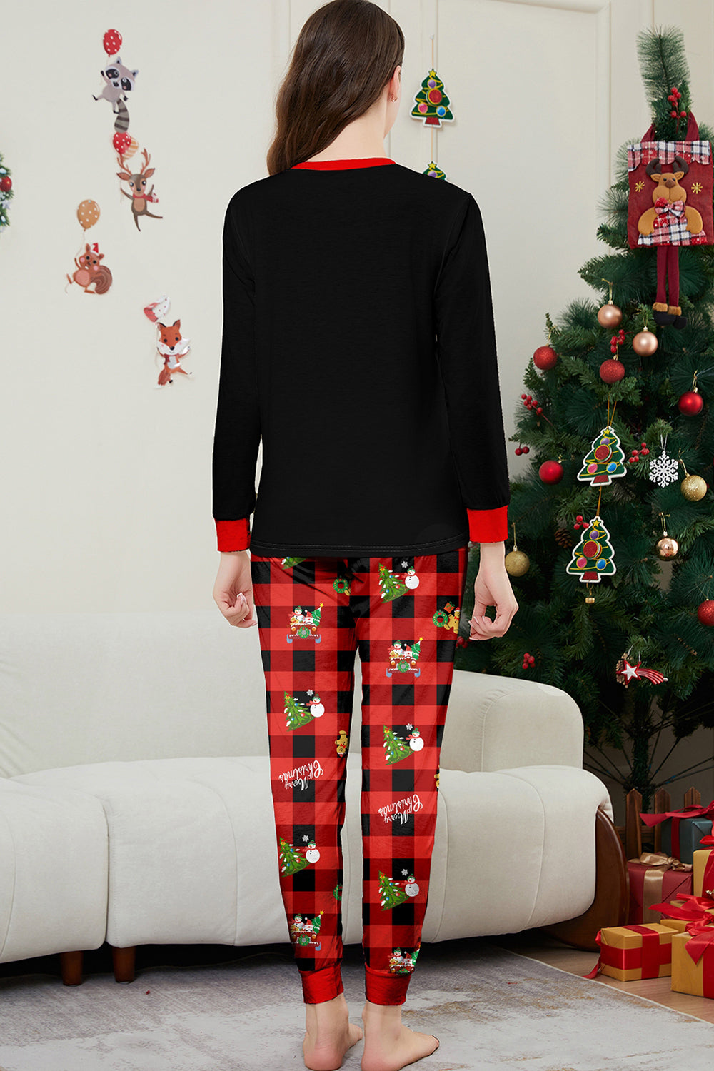 Conjunto de pijamas a juego para la familia a cuadros Merry Christmas con estampado rojo negro