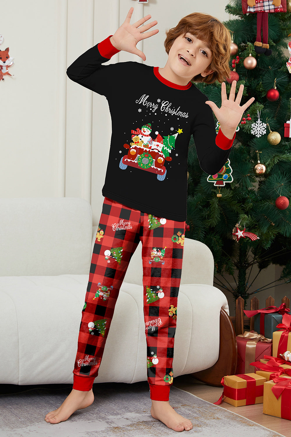 Conjunto de pijamas a juego para la familia a cuadros Merry Christmas con estampado rojo negro