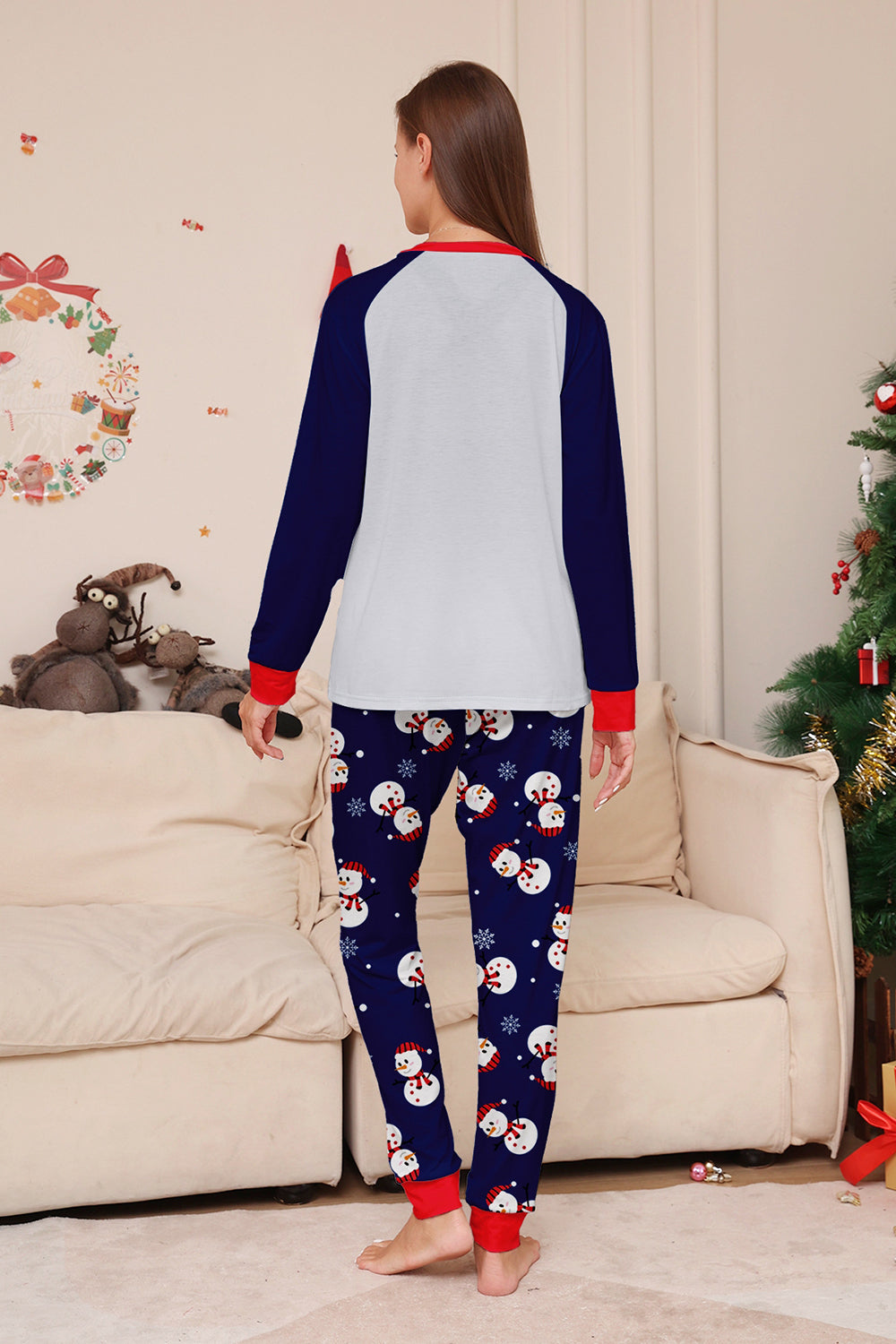Pijamas de Navidad a juego con estampado de muñeco de nieve gris azul