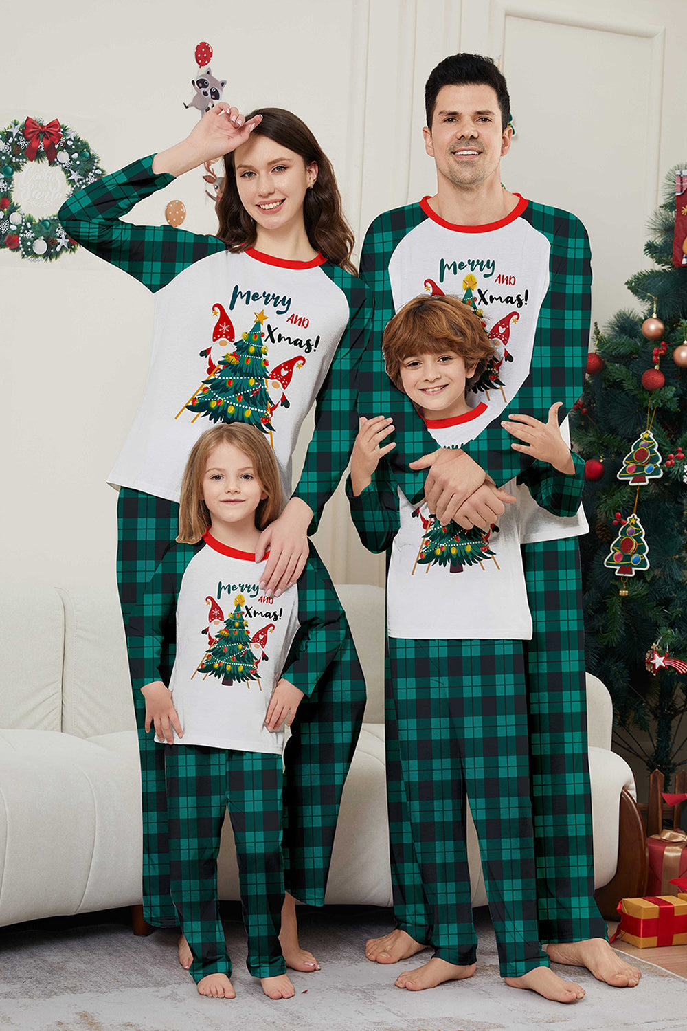 Conjunto de pijamas a juego con estampado de cuadros verdes Merry Christmas
