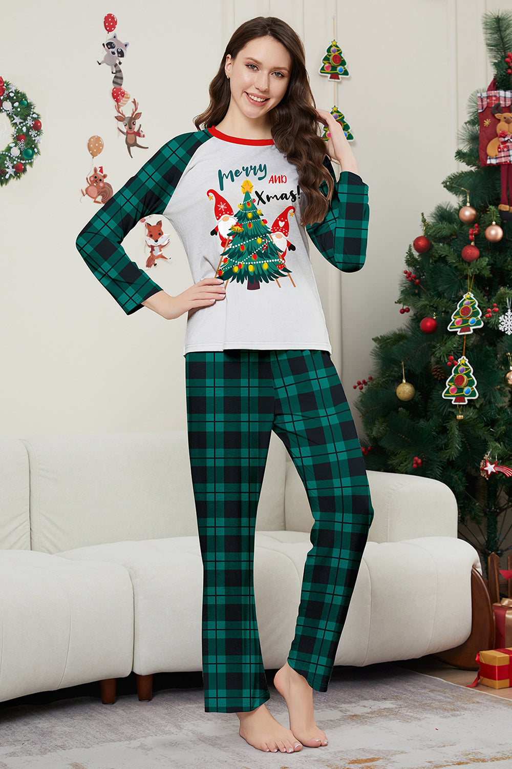 Conjunto de pijamas a juego con estampado de cuadros verdes Merry Christmas