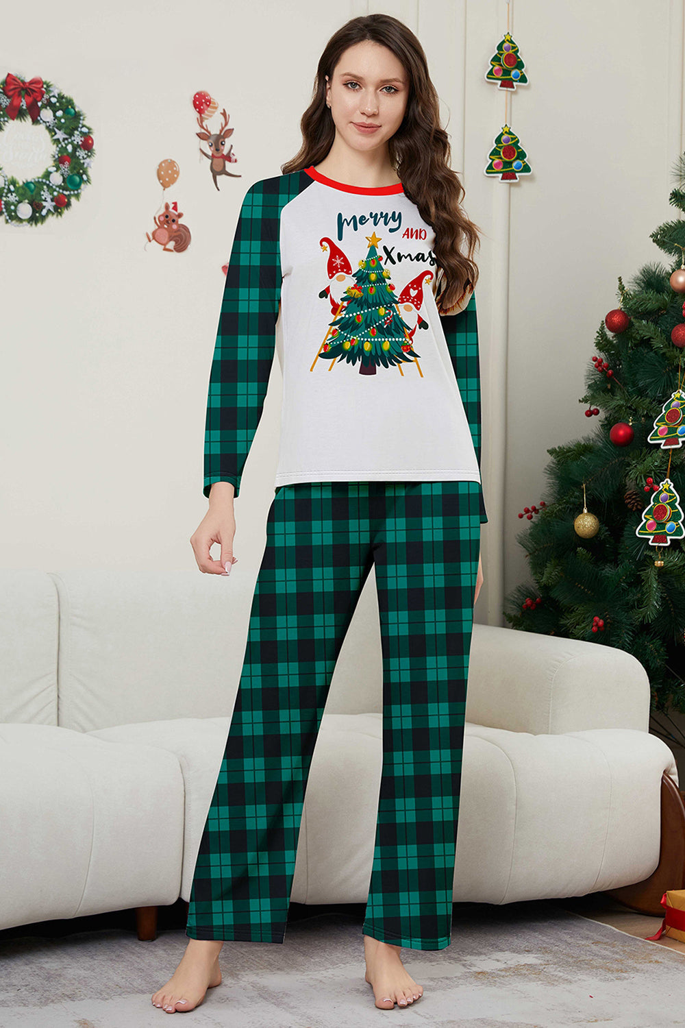 Conjunto de pijamas a juego con estampado de cuadros verdes Merry Christmas