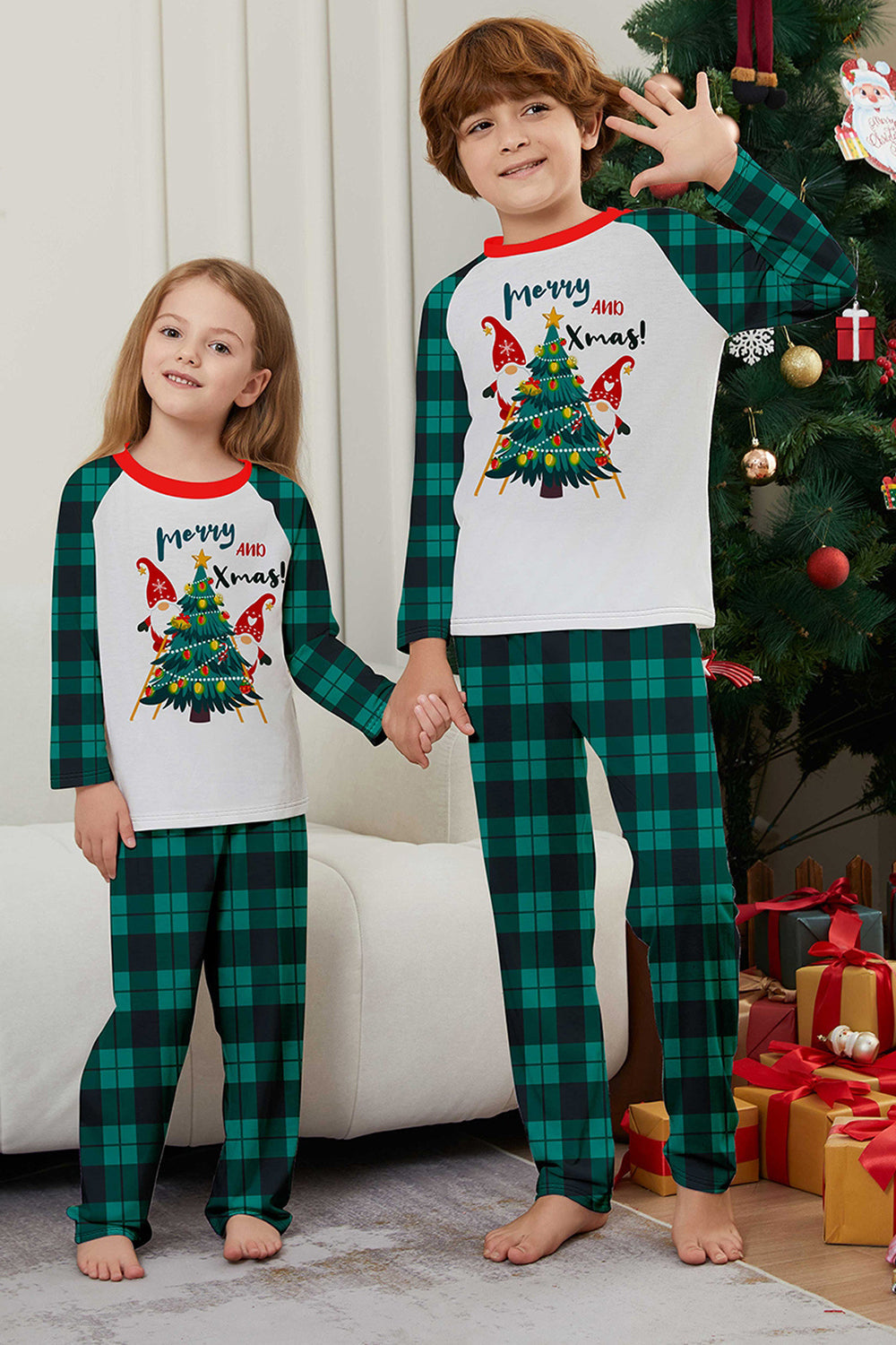 Conjunto de pijamas a juego con estampado de cuadros verdes Merry Christmas