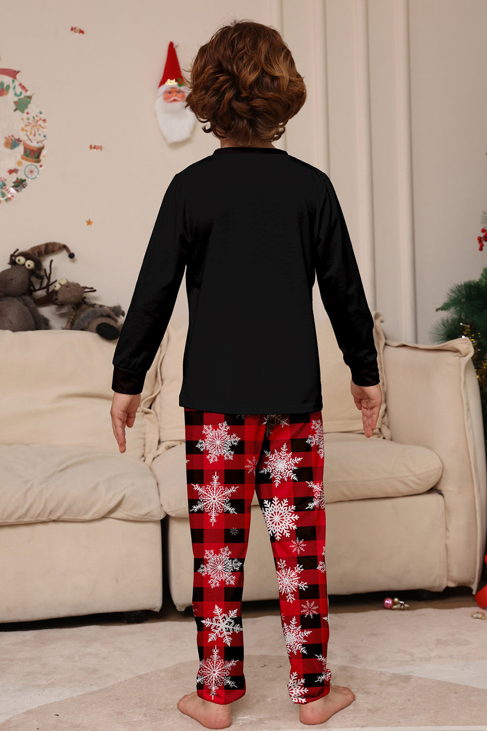 Conjunto de pijamas a juego con estampado de copos de nieve de reno rojo negro para Navidad