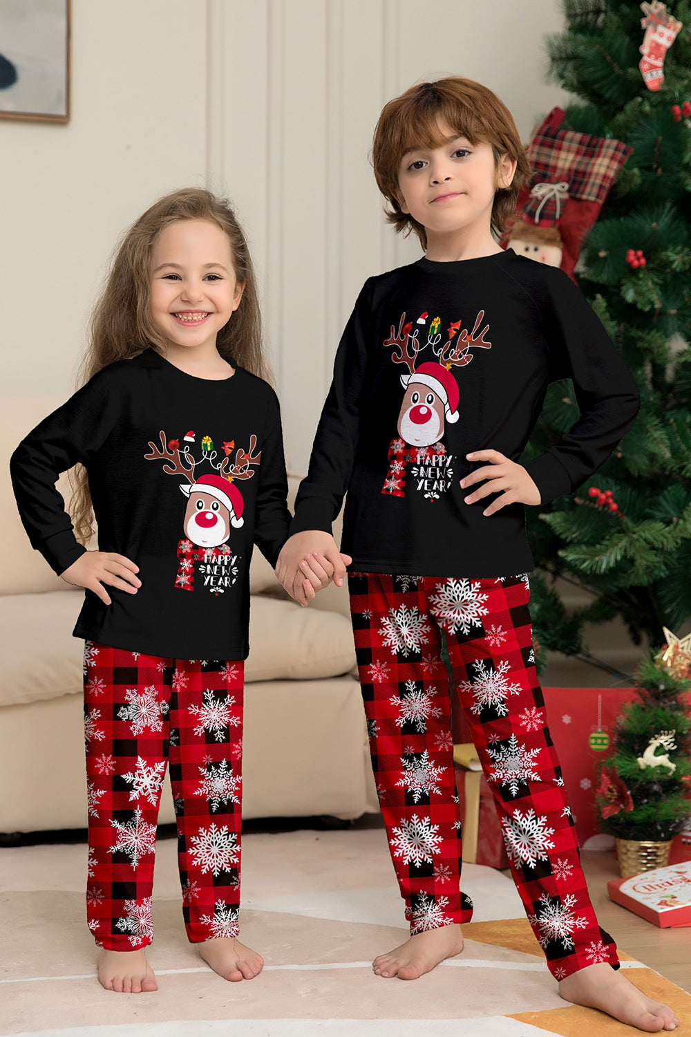 Conjunto de pijamas a juego con estampado de copos de nieve de reno rojo negro para Navidad