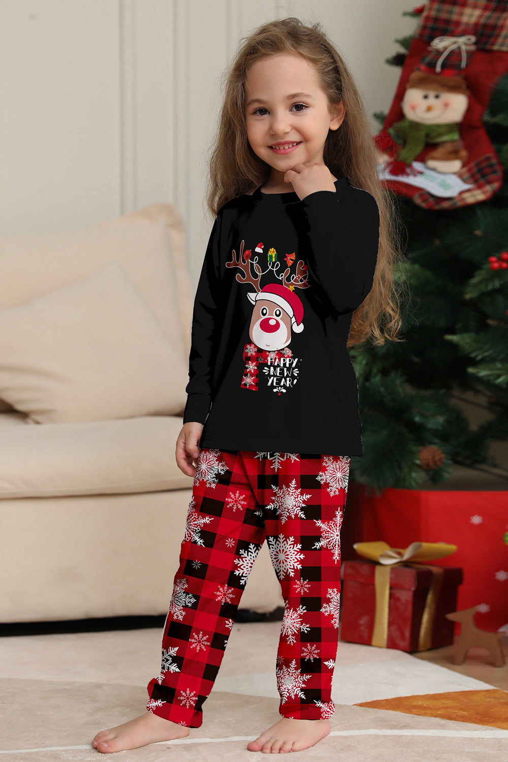 Conjunto de pijamas a juego con estampado de copos de nieve de reno rojo negro para Navidad